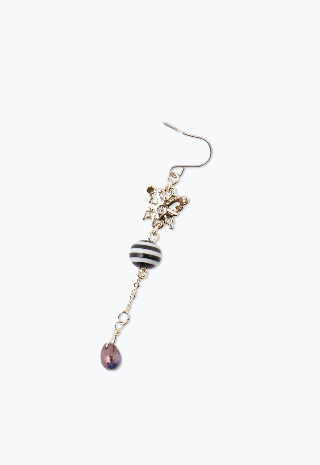 Earring golden butterfly an amethyst at center, b/w stiped ball under, purple Pearl end the chain