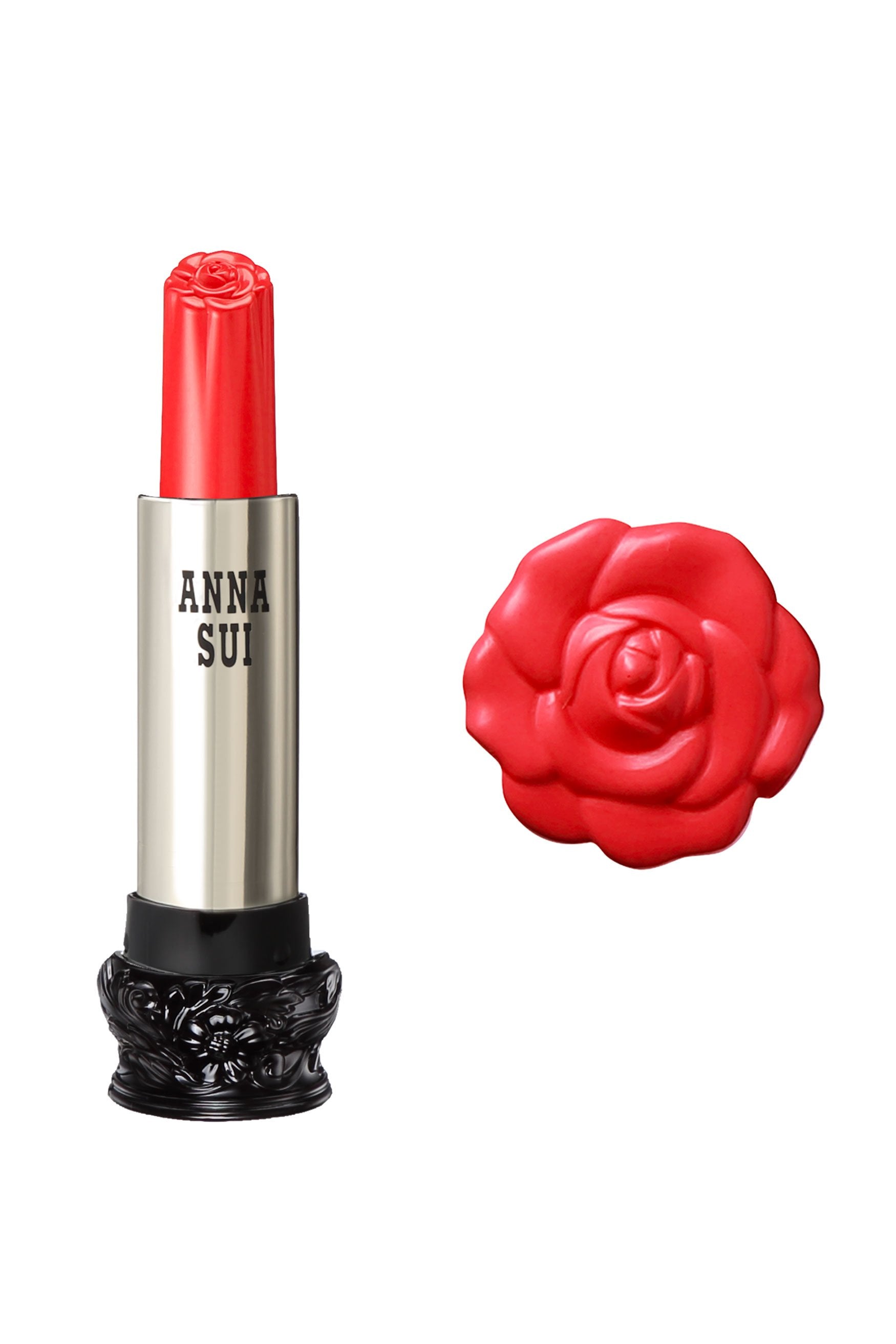 402 - Bright Rose, in a cylindrical container, large black base, engraved floral design, metallic body