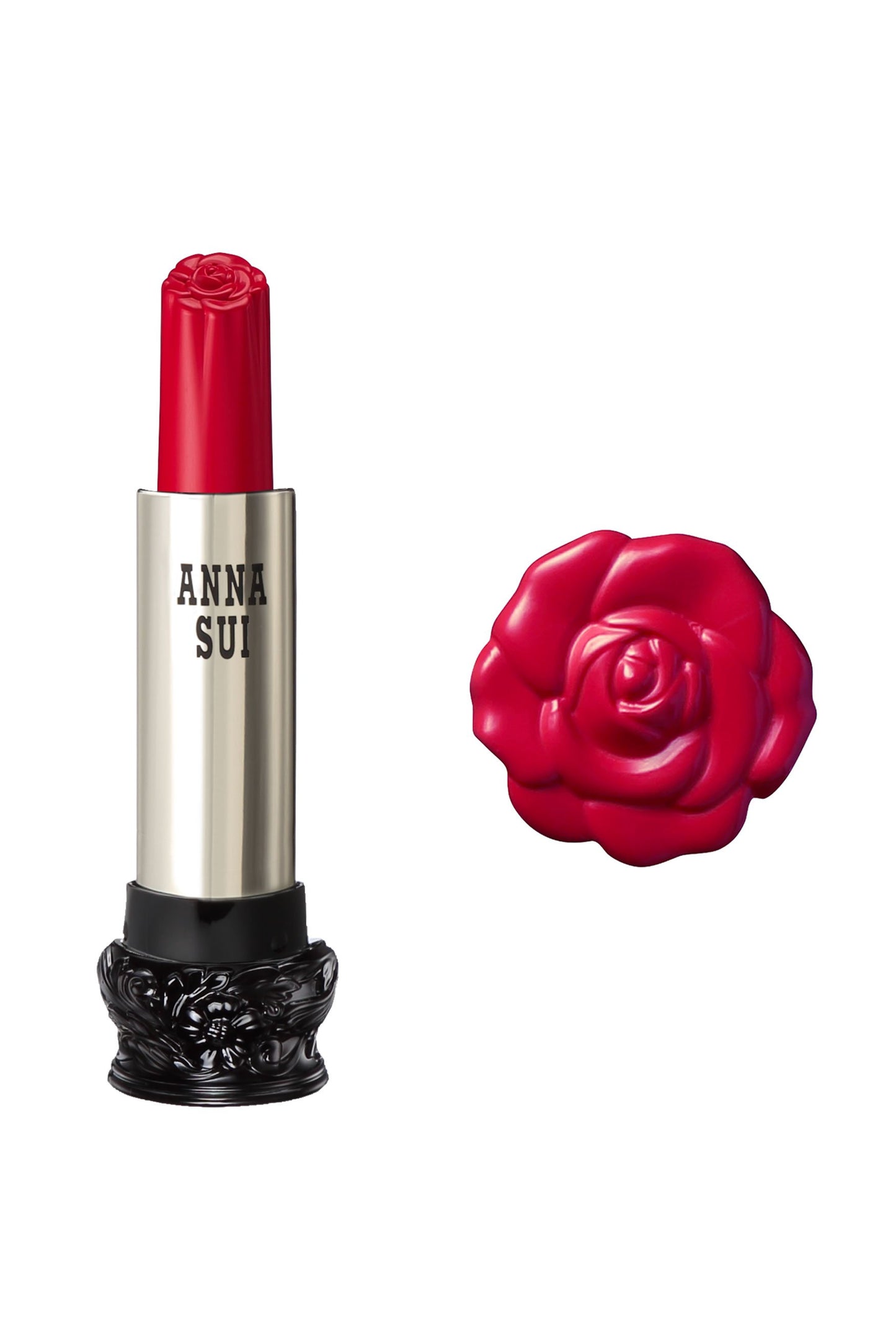 404 - Deep Red Rose, in cylindrical container, large black base, engraved floral design, metallic body