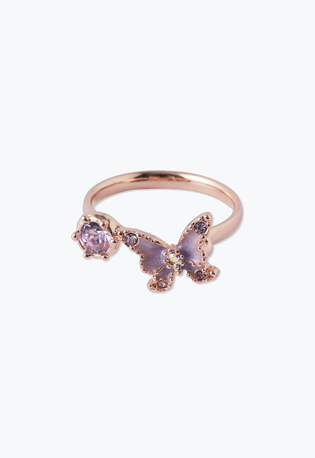 Single butterfly purple wings, gemstones at extremity of each, plus one on the ring flower like