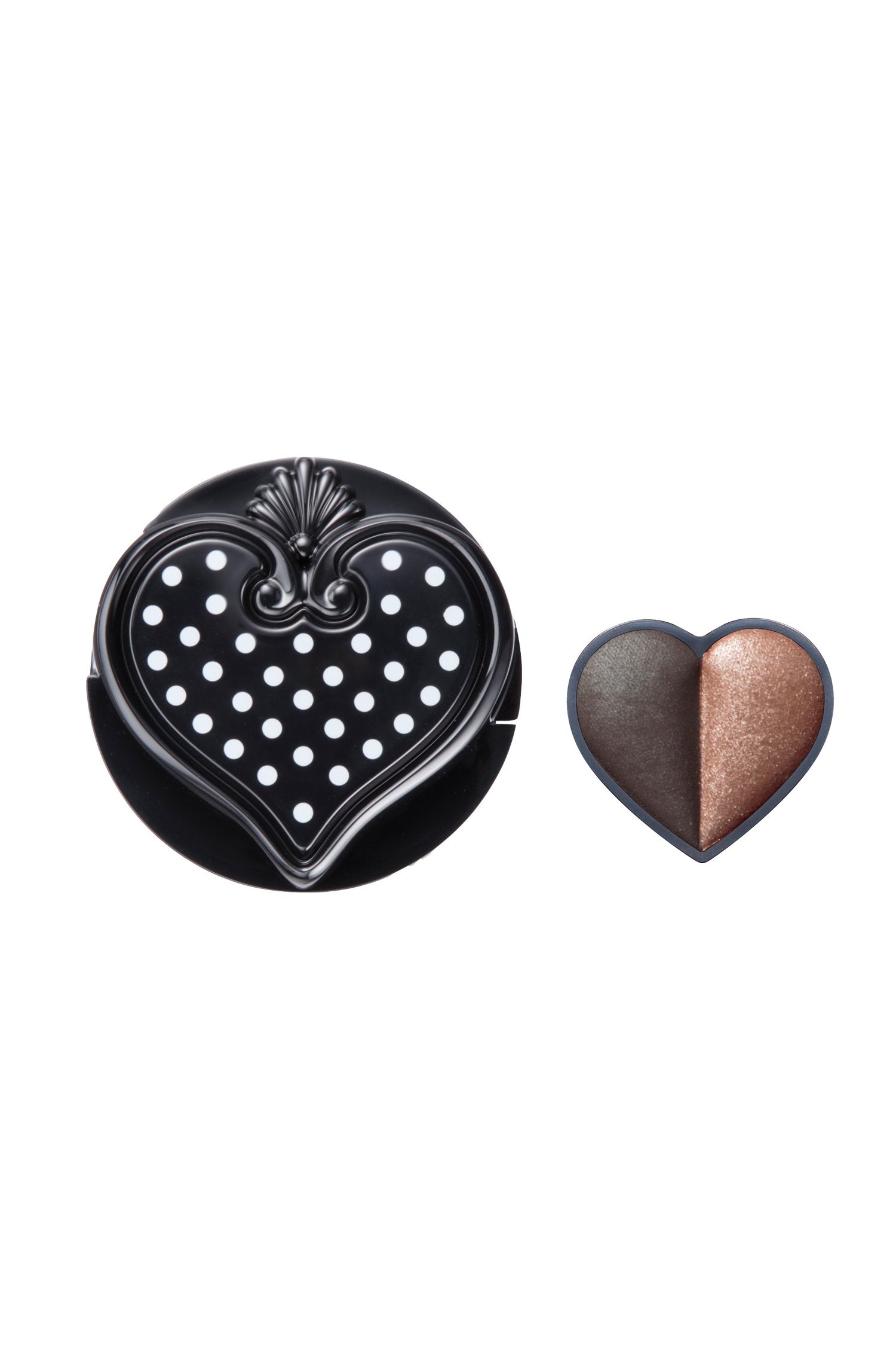 Sui black eye color RICH BROWN DUO Round Black container with a heart shaped lid with white dots, and a seashell 