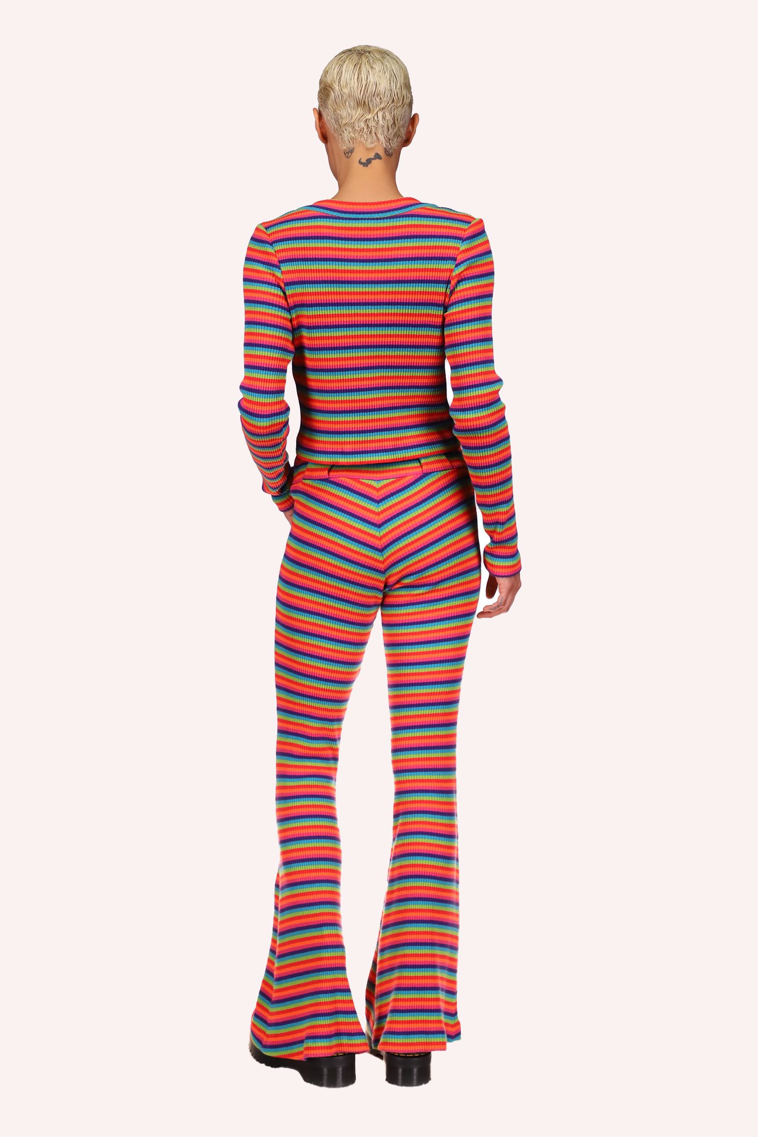 Sweater, repetitive lines top/bottom of, dark blue, light blue, green, orange, light orange, and pink