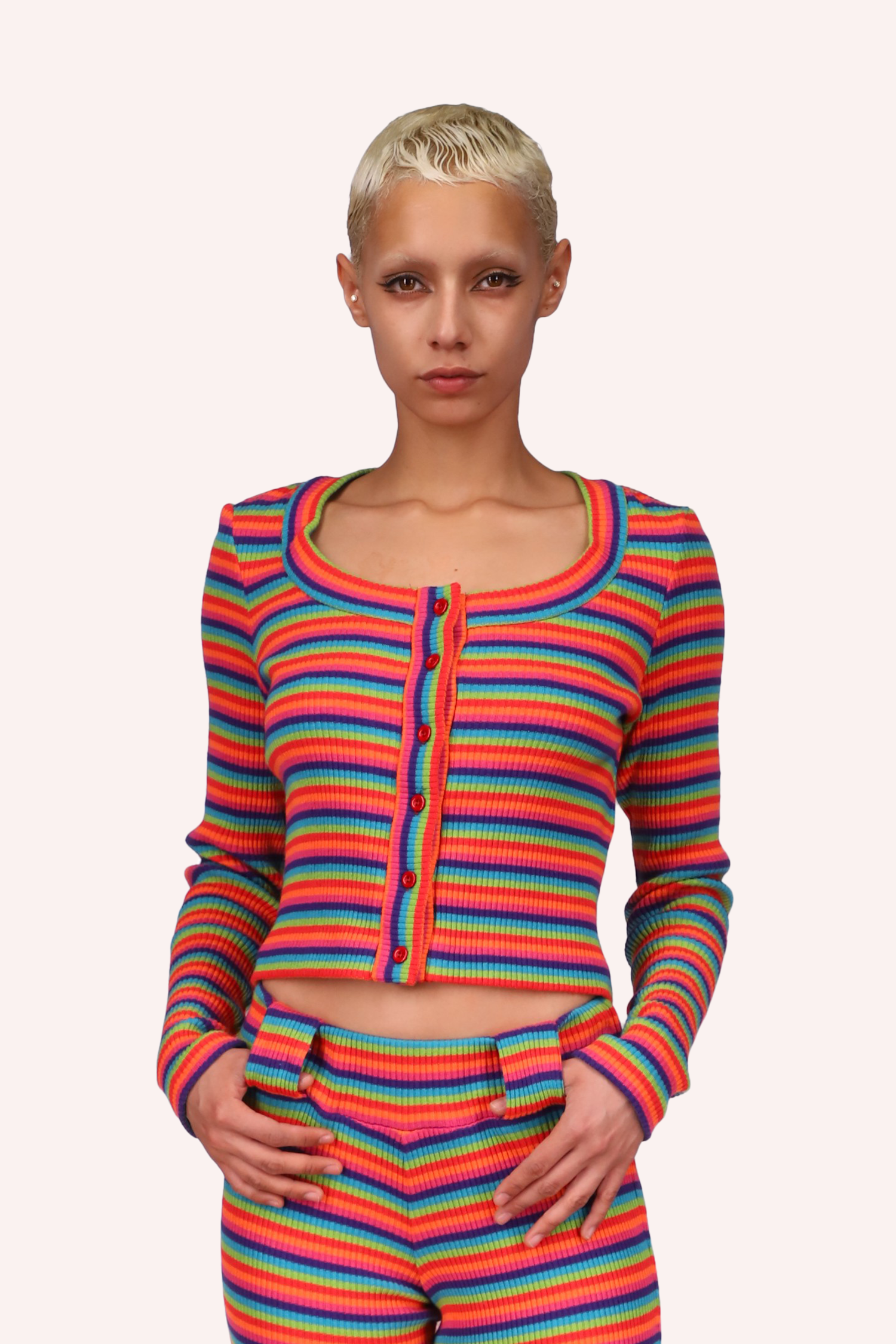 Rainbow Stripe Sweater, long sleeves, large round collar cut, 6-red button to close it