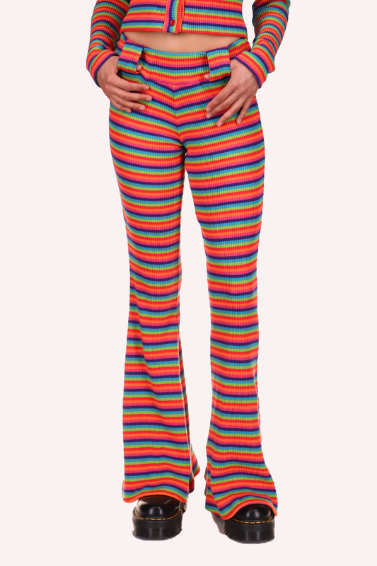 Rainbow Stripe Pants, repetitive lines of, dark blue, light blue, green, orange, light orange & pink