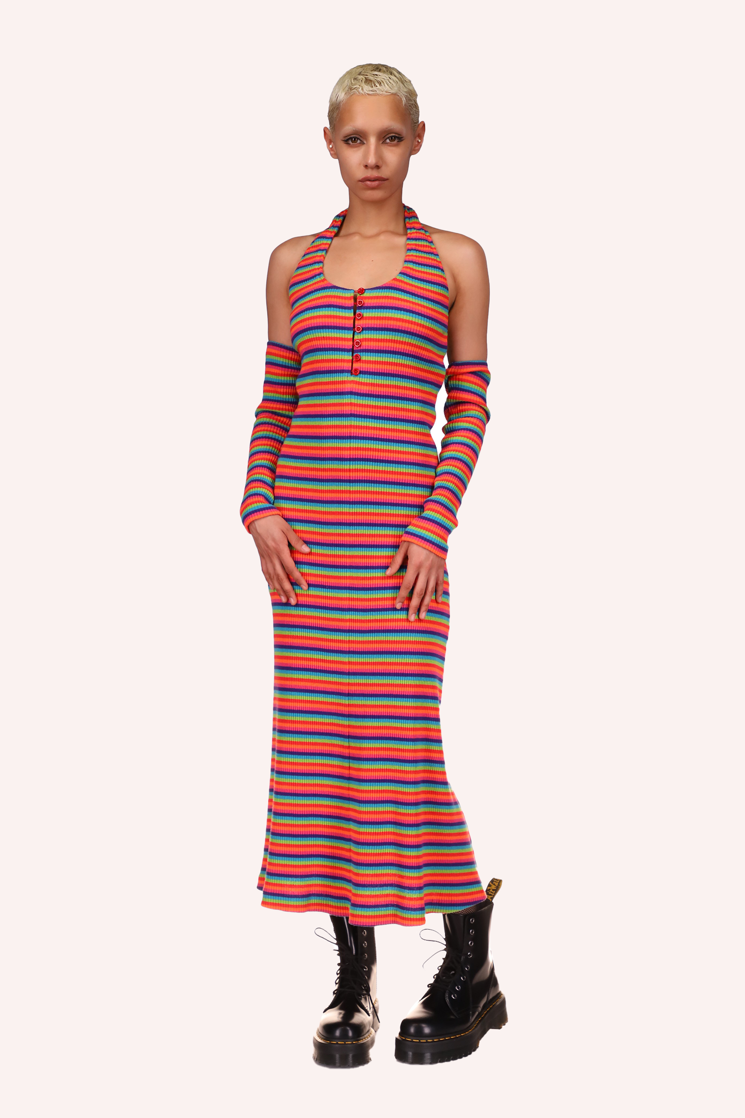 Mid-calf long rainbow dress, sleeveless, bust fabric goes around the neck, 7-button on front collar.