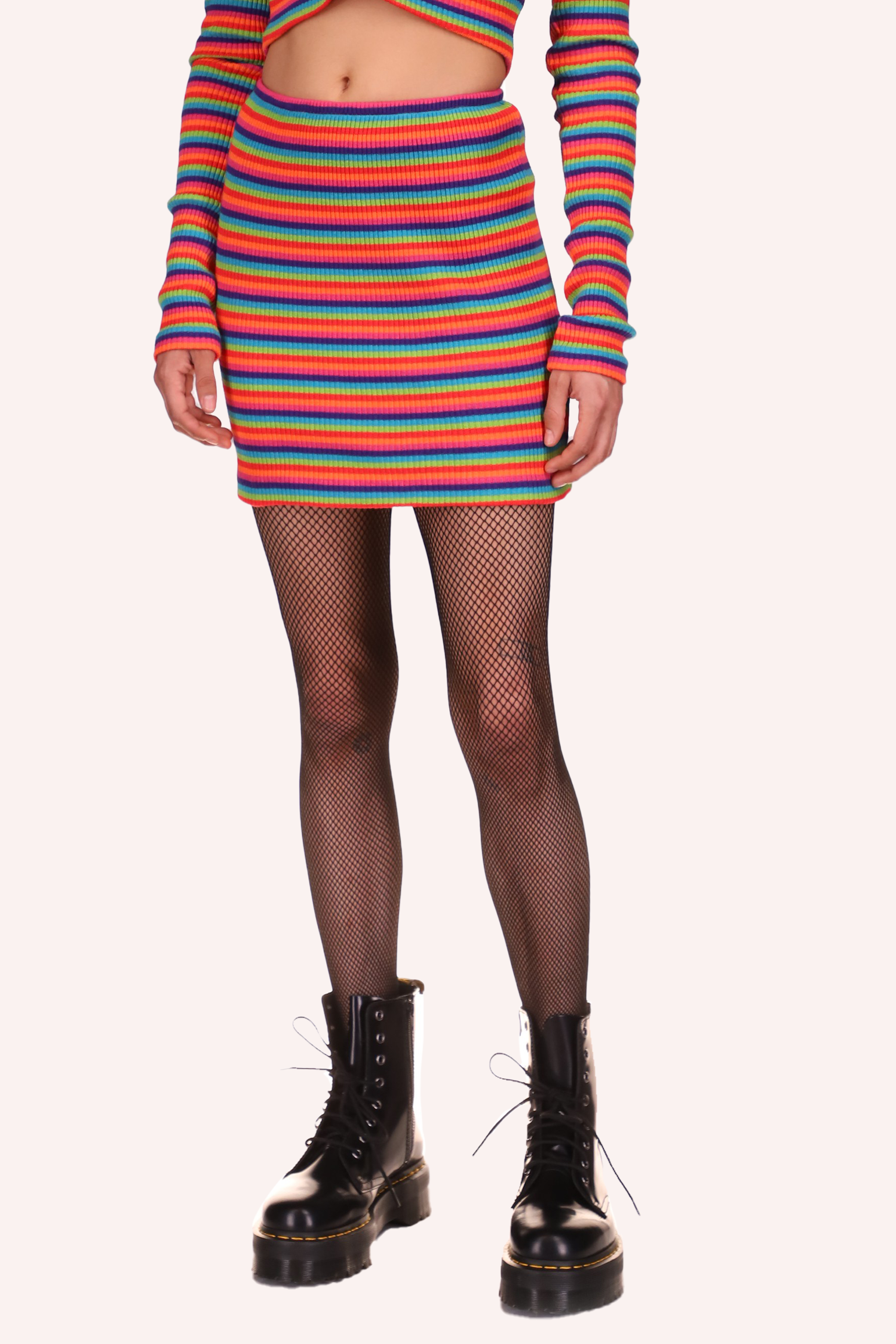 Rainbow Stripe Mini Skirt repetitive line of dark blue, light blue, green, orange, light orange & pink