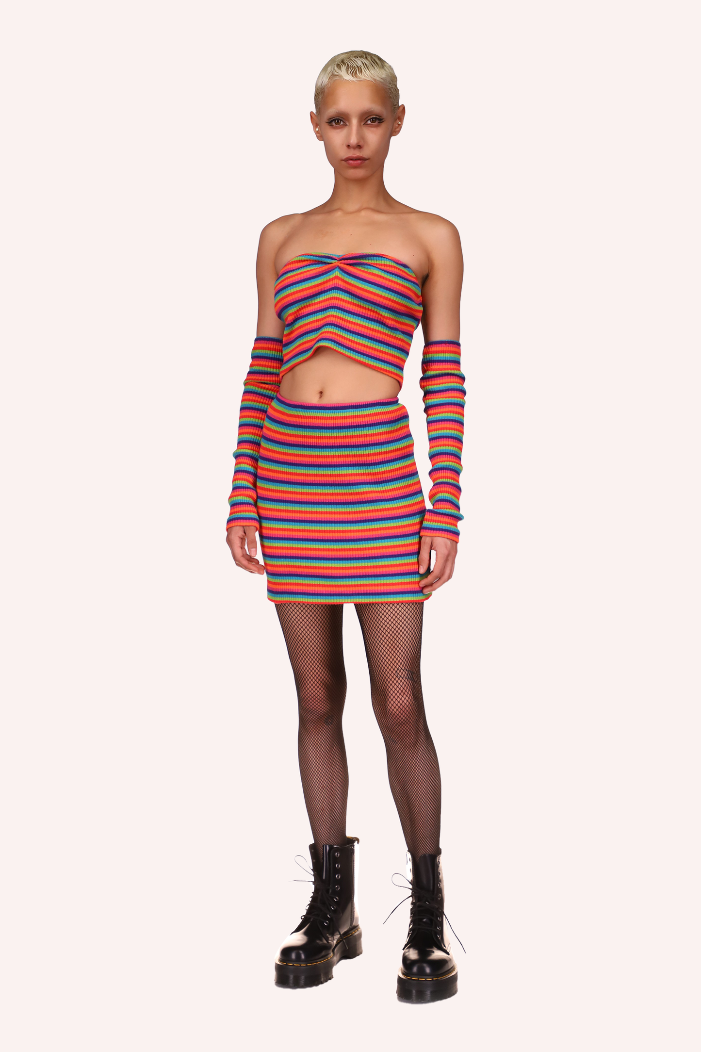 Rainbow Stripe Mini Skirt, lines hue of blue, green, hue of orange, and pink, elastic texture