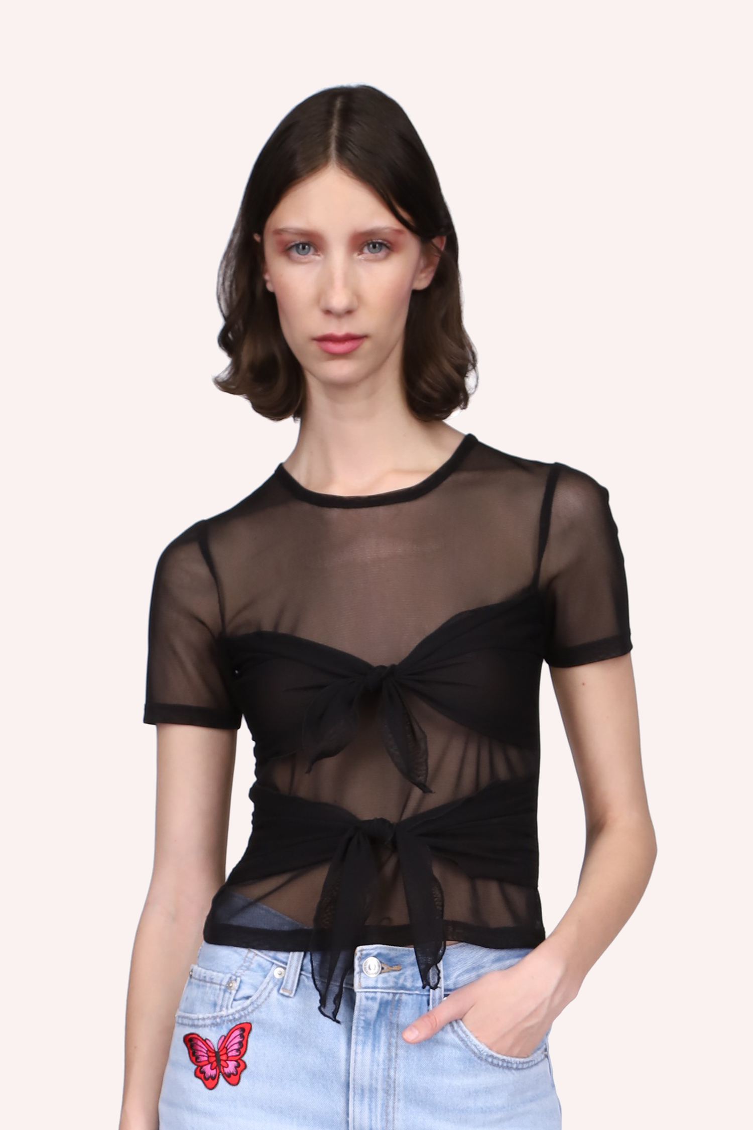 Top Black, see-thru, short sleeves, 2- front ribbon bows opaque black over breasts & stomach