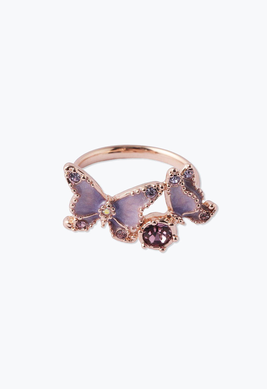 Ring 2-butterflies 1 purple wings open, 1 closed, gemstones at extremity of each, one on the ring flower like