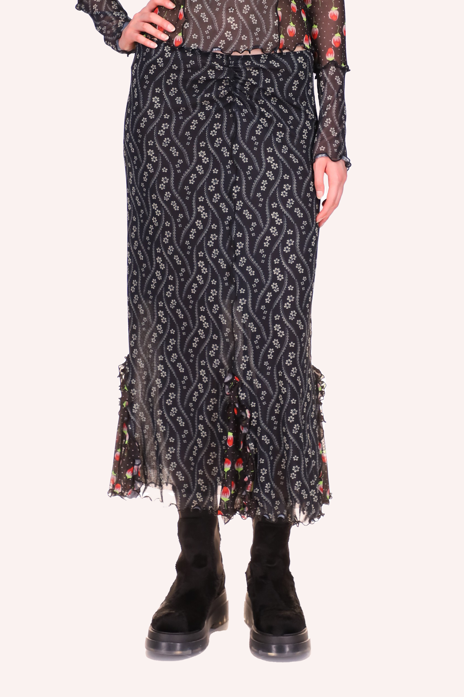 Posies & Roses Combo Mesh Skirt Black, ankles long, pattern of white wavy flower design, ruffle at bottom