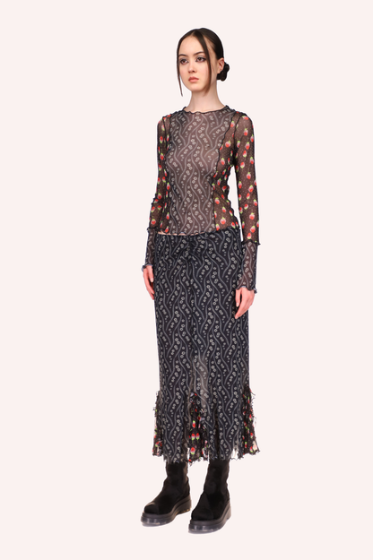 Mesh Skirt Black, Fitted skirt above ankles long, ruffle at bottom with Posies & Roses design red and green