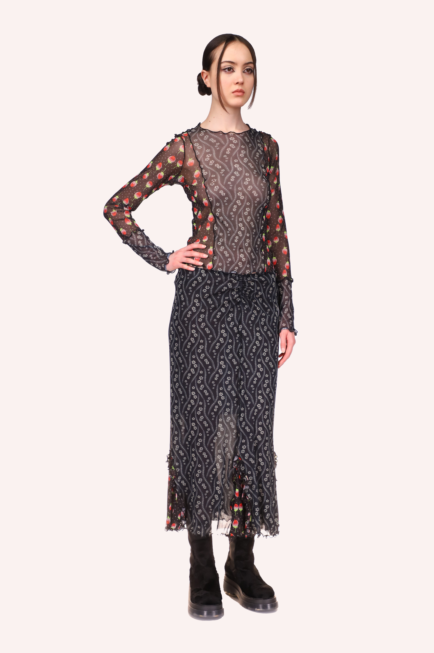 Anna Sui Posies & Roses Combo Mesh Skirt Black, ankles long with flowers pattern