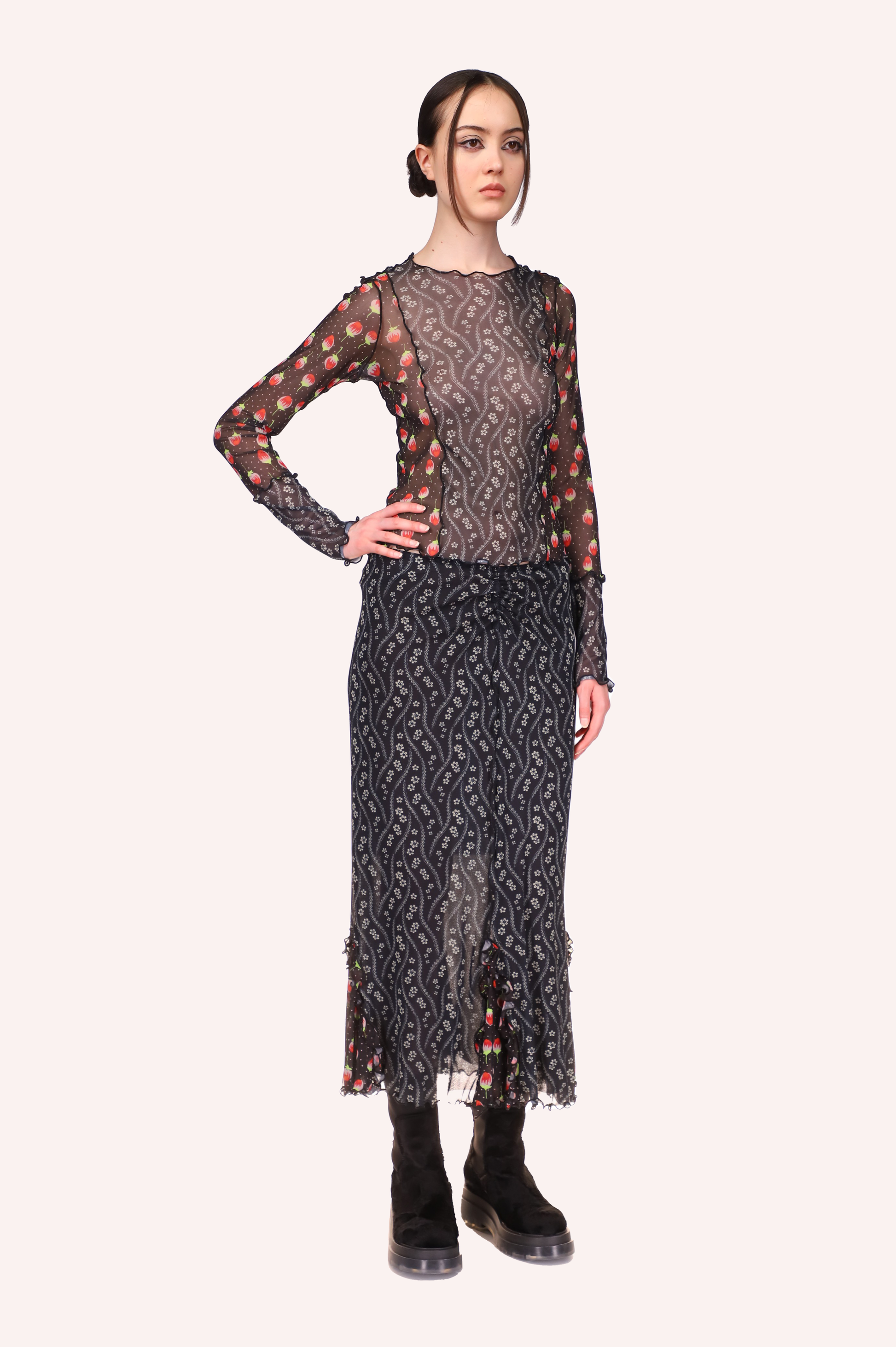 Anna Sui Posies & Roses Combo Mesh Skirt Black, ankles long with flowers pattern