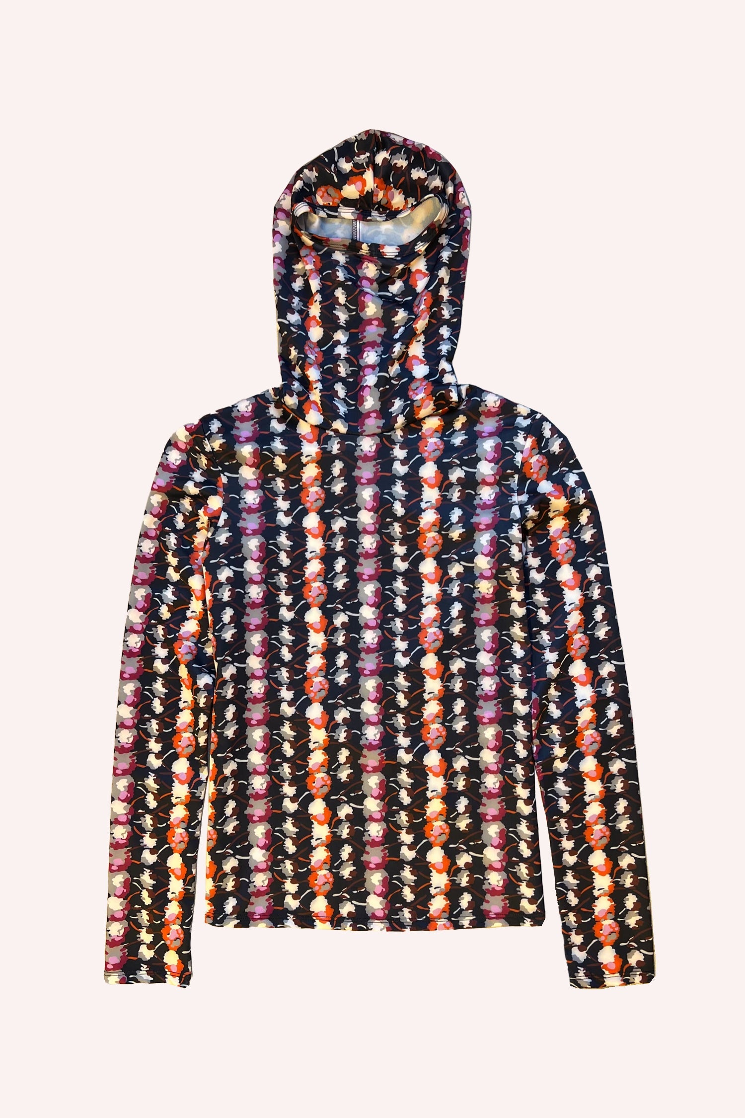 Floral Stripe Balaclava, top with a hoody, long sleeves, hips long, floral strips down in orange, lavender, yellow