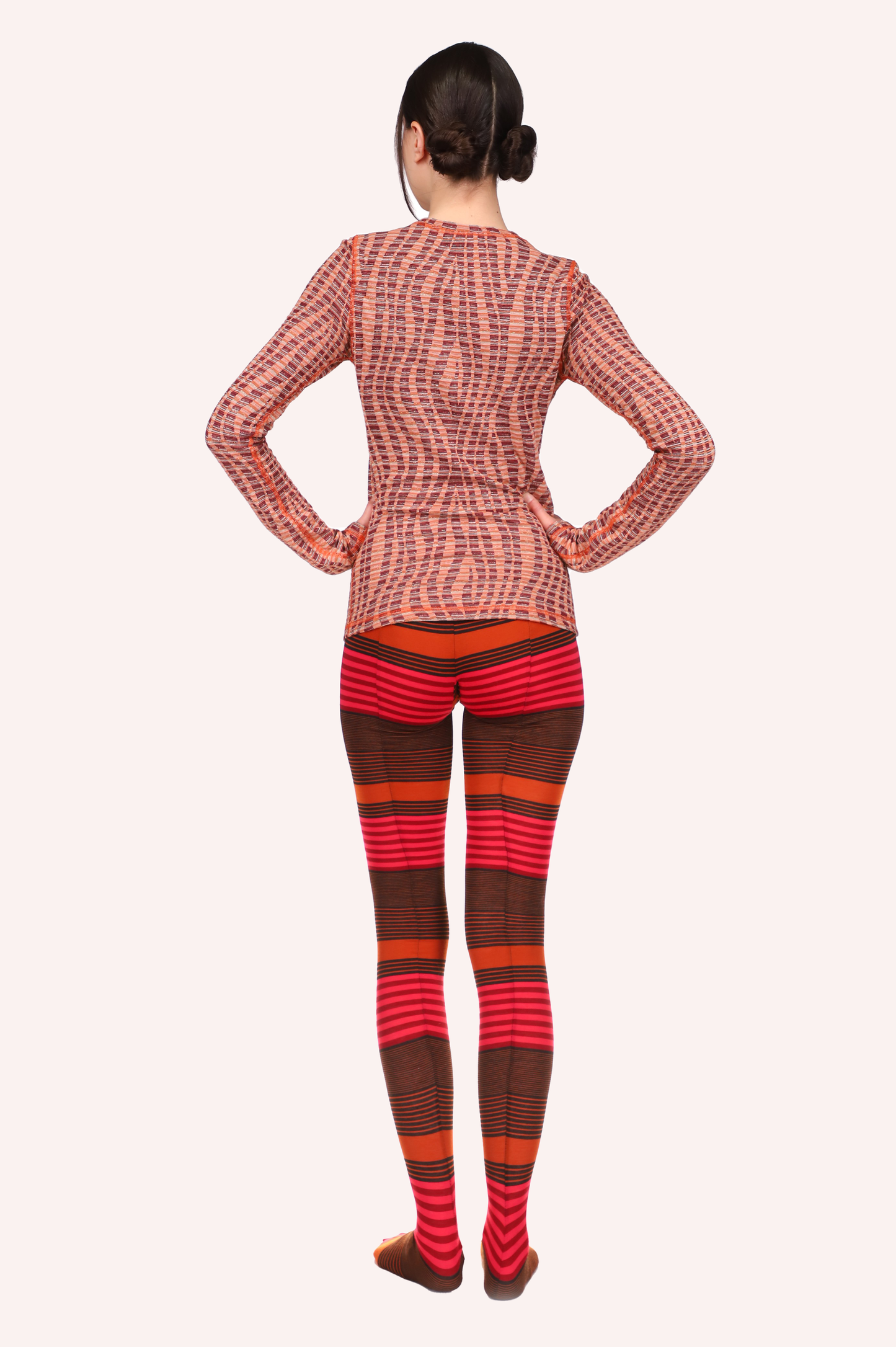  Mod Stripe Knit Tights Orange, seam runs down the back of the legs, from the top to the bottom