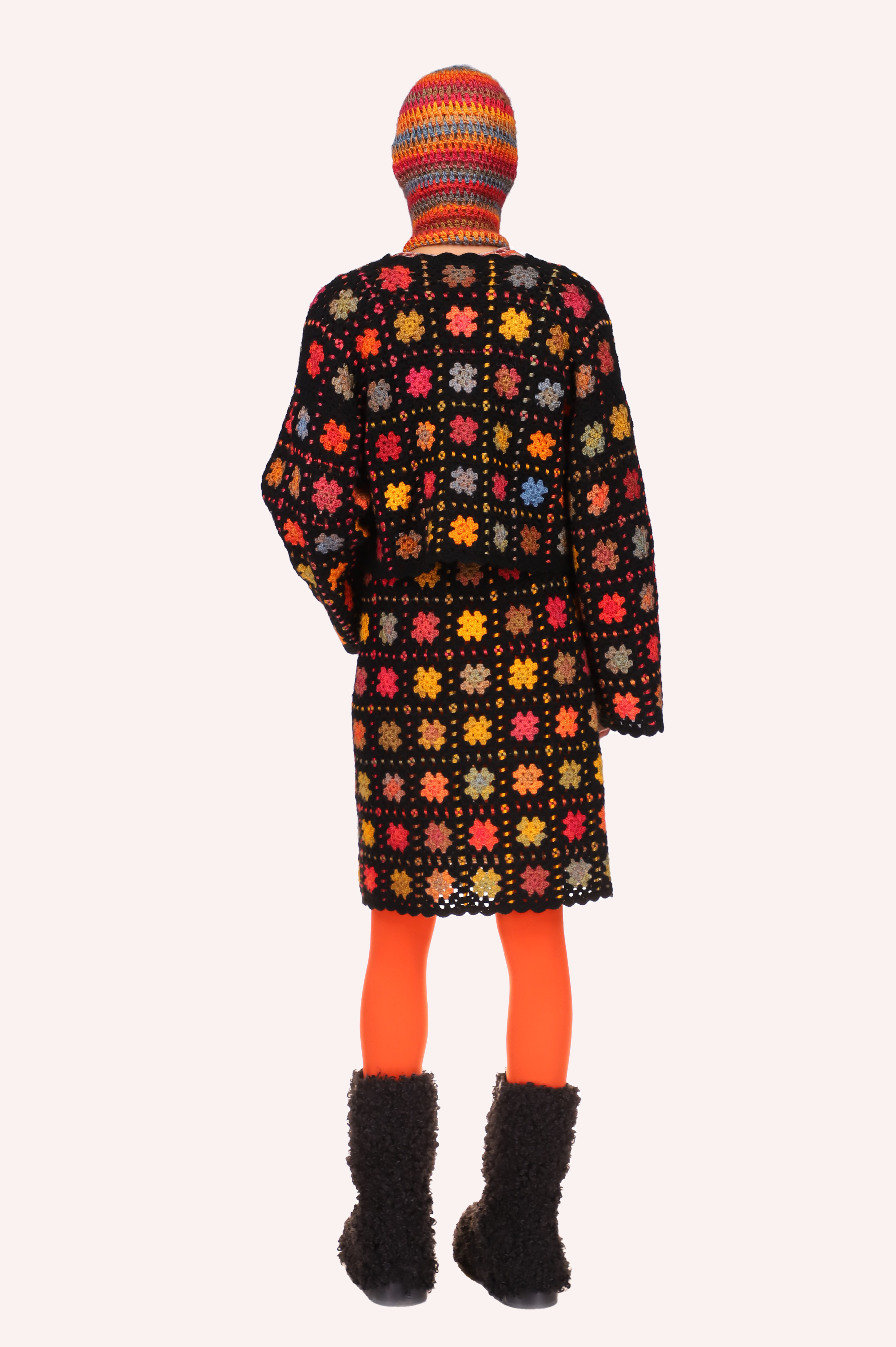 Stainglass Crochet Cardigan, design of squares of orange dots, stars like design in Orange, red, blue, greenish 