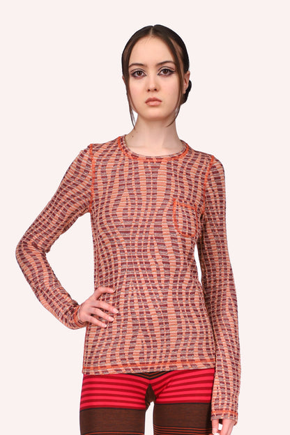 Long Sleeve Nuwave Top Orange, pattern of wavy down dark brown squares on lighter brown