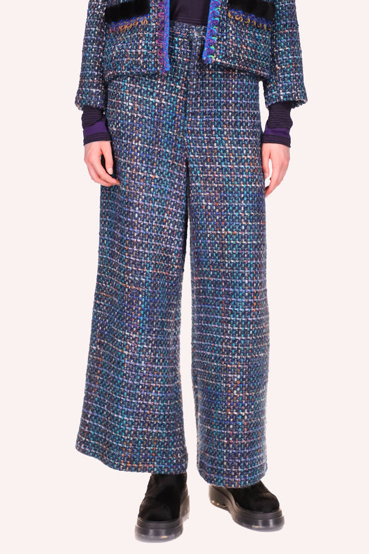 Multi Tweed Pants Turquoise Multi, pantaloni grandi, lunghi fino alle caviglie, chiusura con bottoni e cerniera.