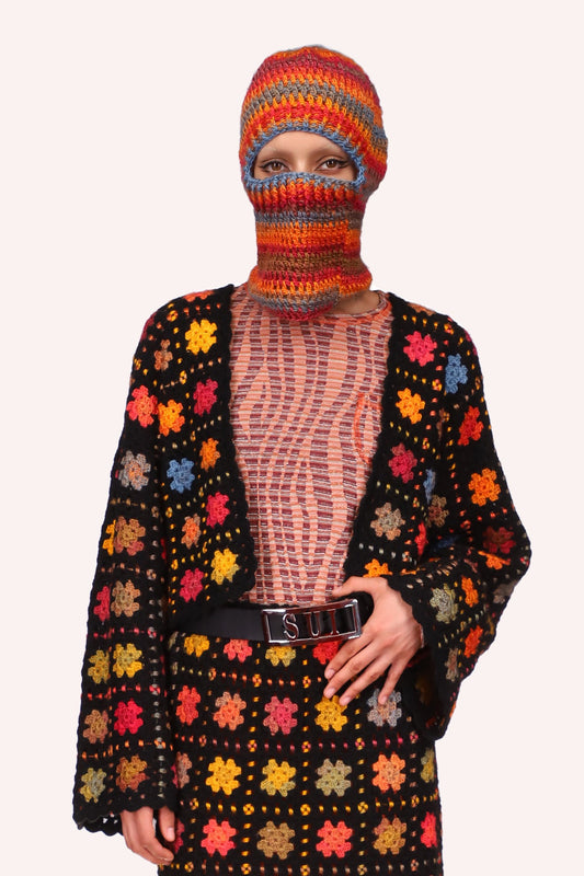 Stainglass Crochet Cardigan in Orange, red, blue, greenish, large & long sleeves, open in the middle