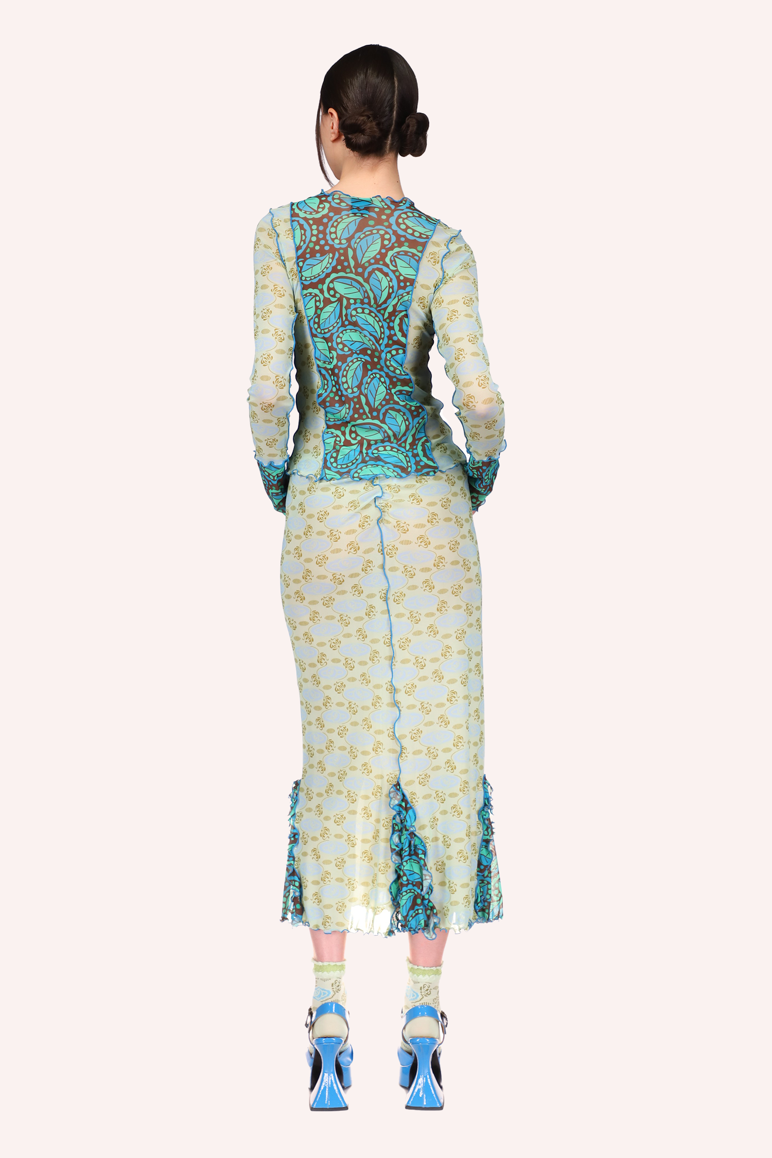 Swirling Leaves Combo Mesh Skirt <br> Turquoise Multi - Anna Sui