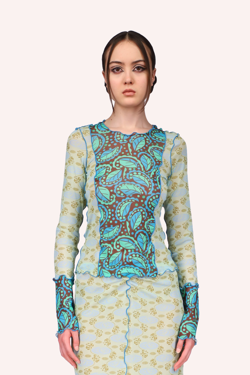 Swirling Leaves Combo Mesh Top <br> Turquoise Multi - Anna Sui