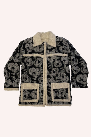 Genderless Ribbed Roses Faux Fur Hippie Coat<br> Black Multi