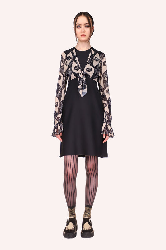 Zig Zag Roses Tie Dress Black, mid-tight, black, sleeves long large wrist, pattern of black and white
