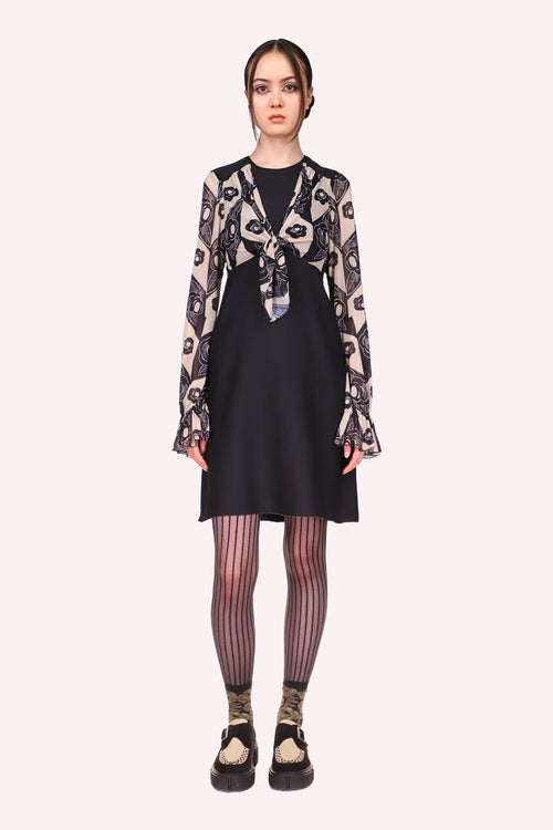 Zig Zag Roses Tie Dress Black, mid-tight high, black, sleeves long large wrist, pattern of black and white 