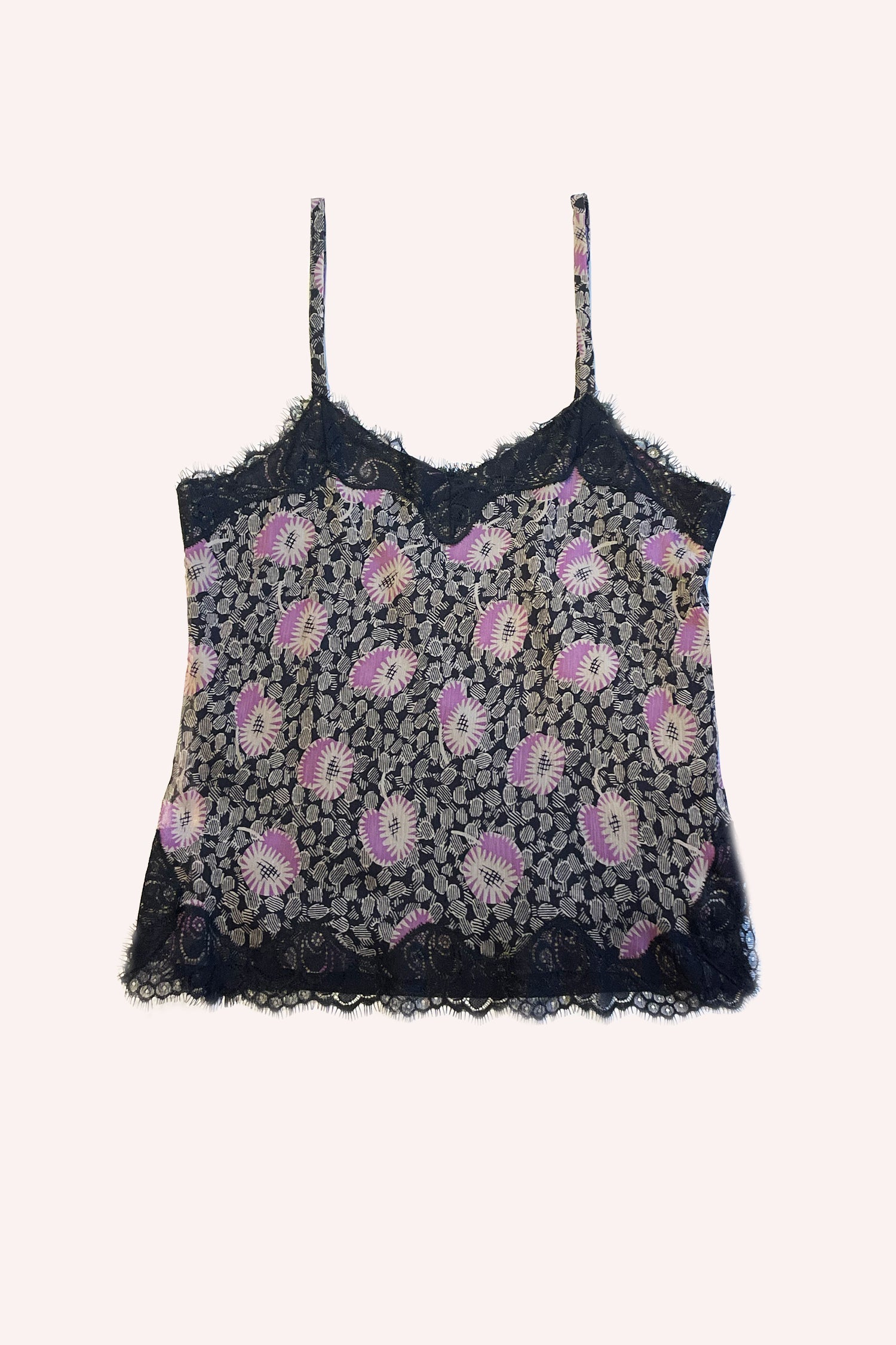 Black top, multicolored, sleeveless, floral pattern, 2-straps, V-neck, top & bottom black lace hems
