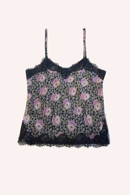 Black and multicolored sleeveless top with engraved floral pattern, 2-straps, V-neck collar, top and bottom hems in black lace