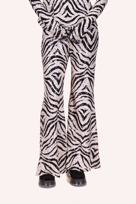 Sequin Pants Black, Flared pants, ankles long, the design is in black and white as a zebra pattern