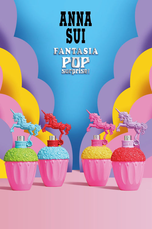 All bottles are a pink cupcakes cup, yellow, red, blue, or green cake, with a unicorn on top, pink, red violet or blue 