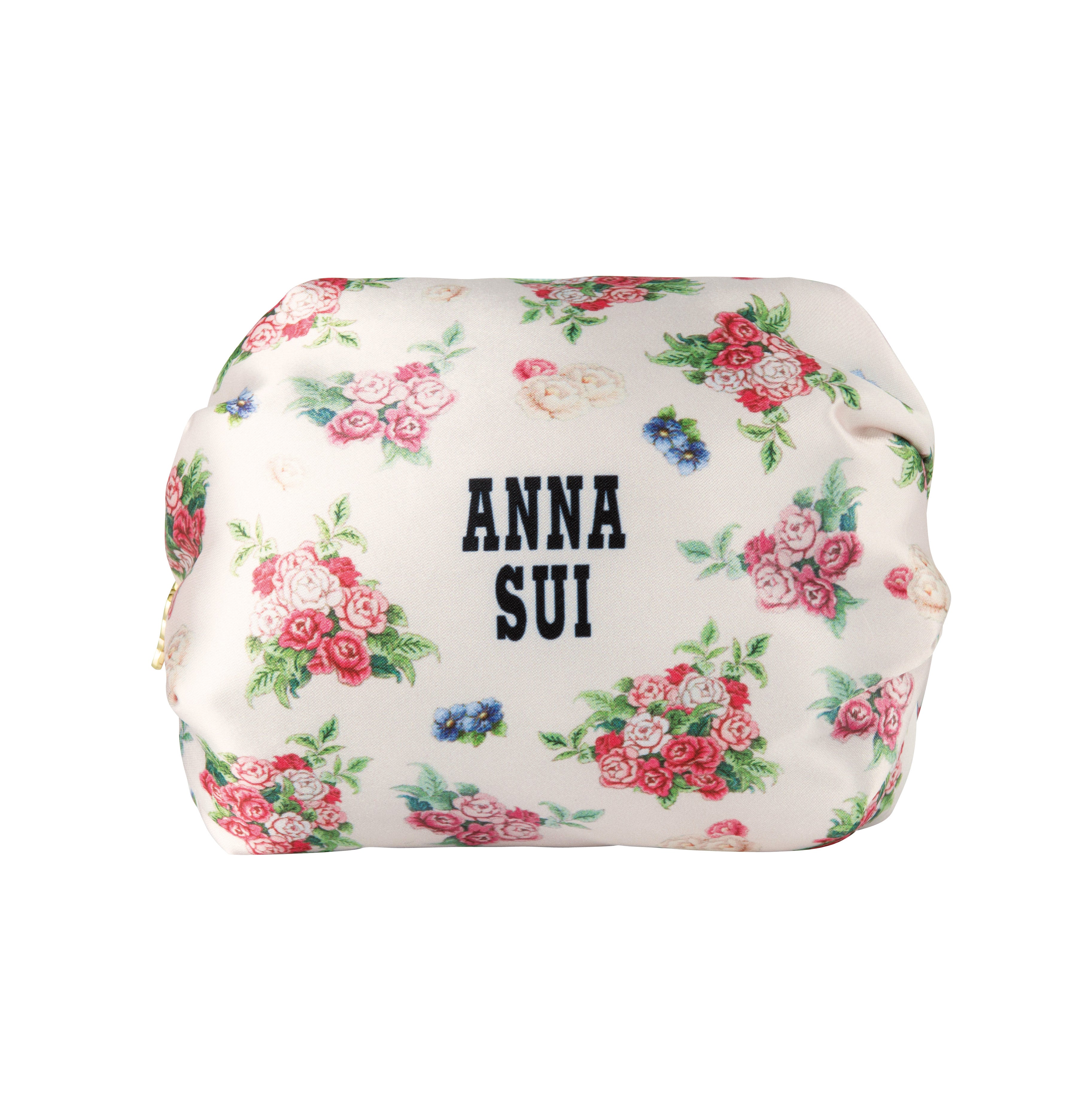 FREE Cosmetic Bag with this set, this isa round bag, beige with rosy floral design and Anna Sui label on it, zipper on top