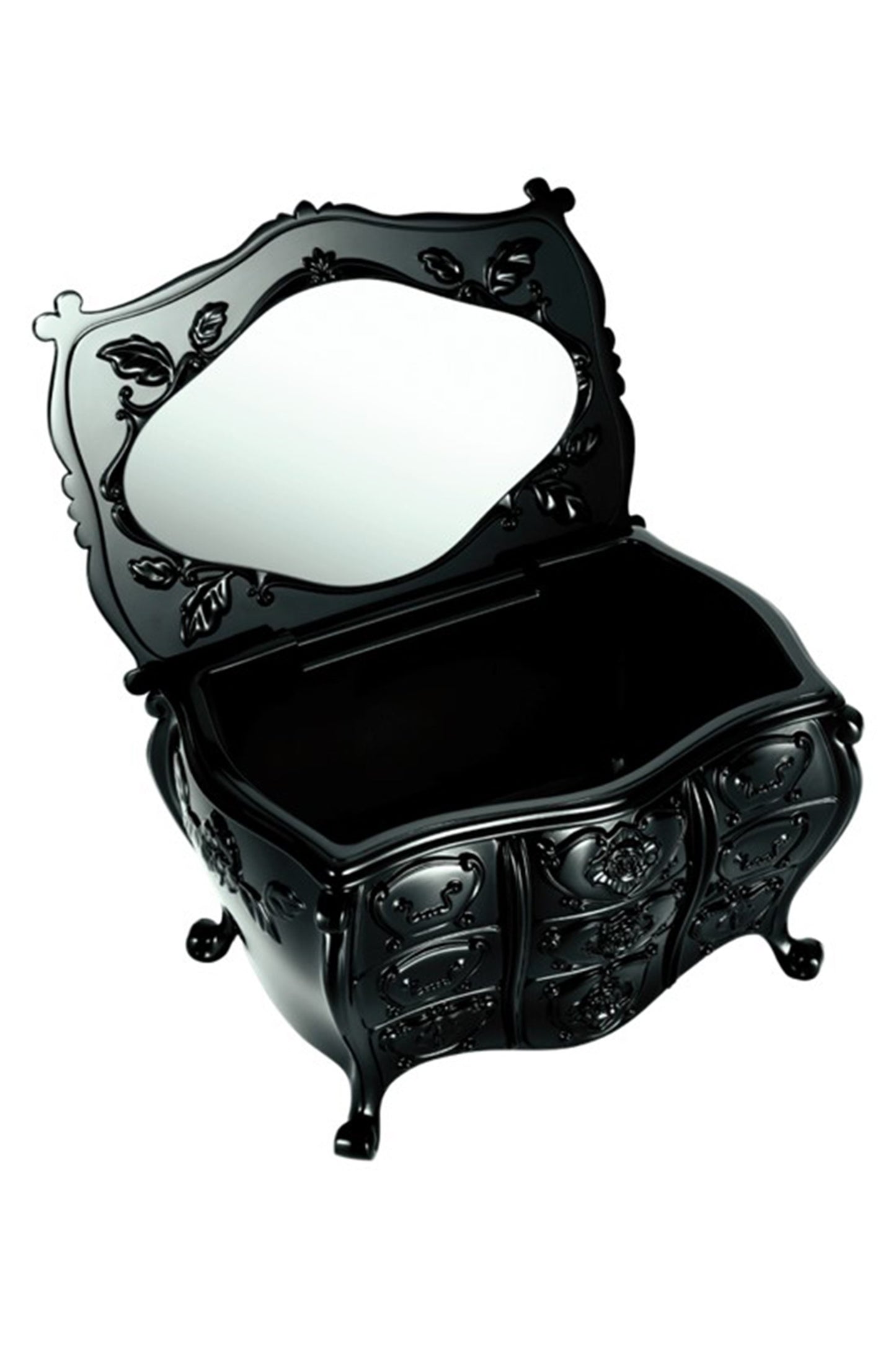 古色古香的黑色迷你梳妆台，凸起的玫瑰花设计，4 支脚，顶盖内有镜子 