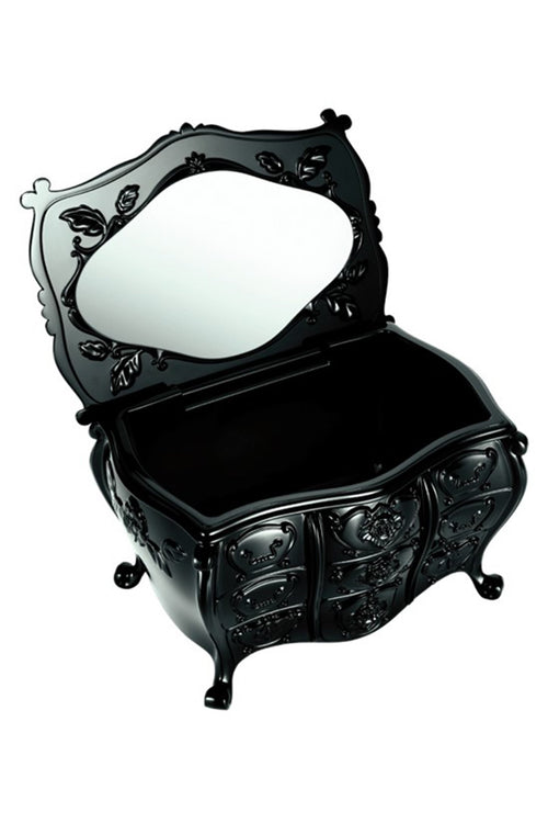 Antique-inspired black mini dresser, raised roses floral design, 4 legs, mirror inside the top lid 