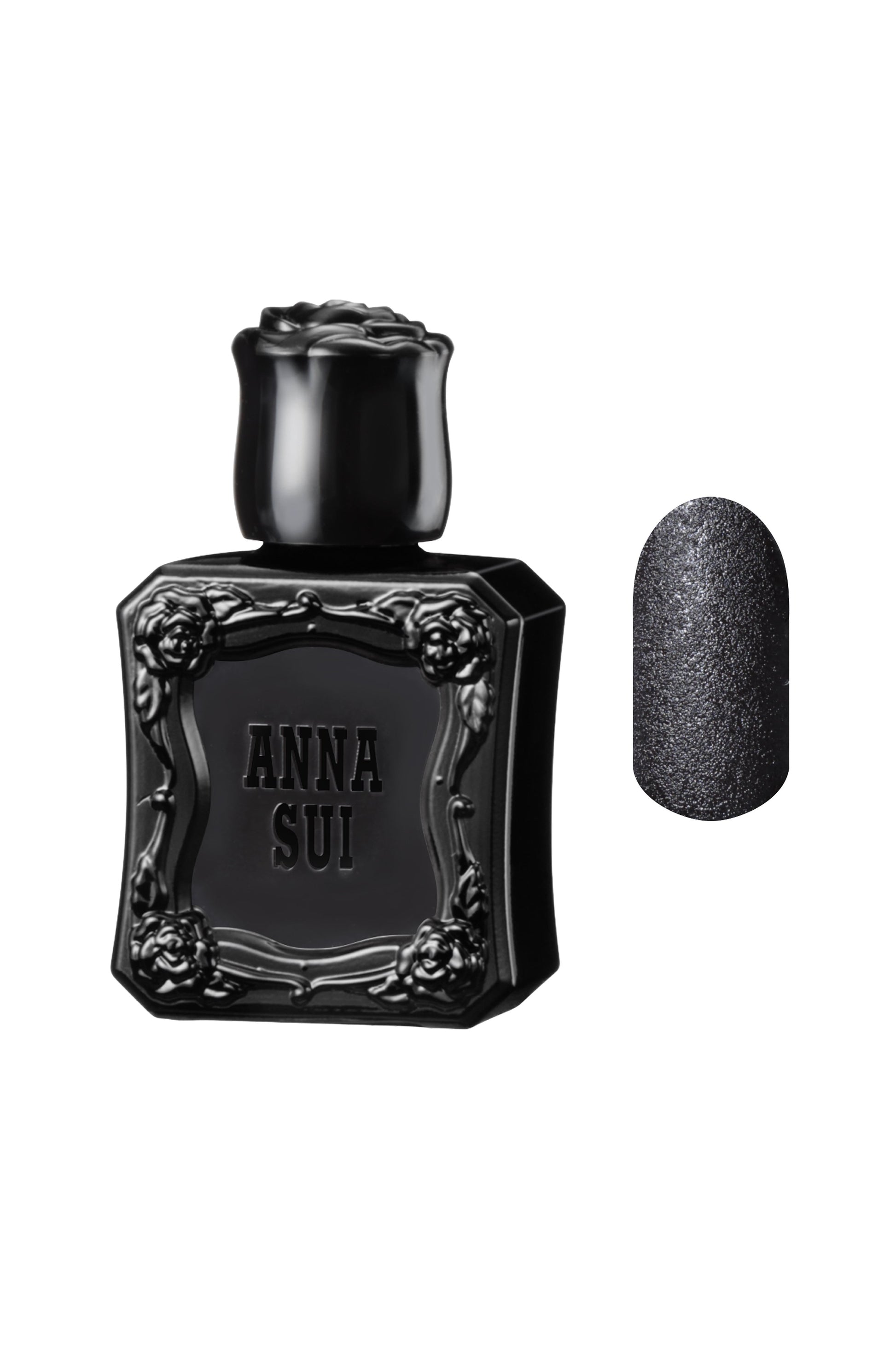 LEATHER BLACK Nail Polish bottle raised rose pattern, Anna Sui in black over nail colors in front
