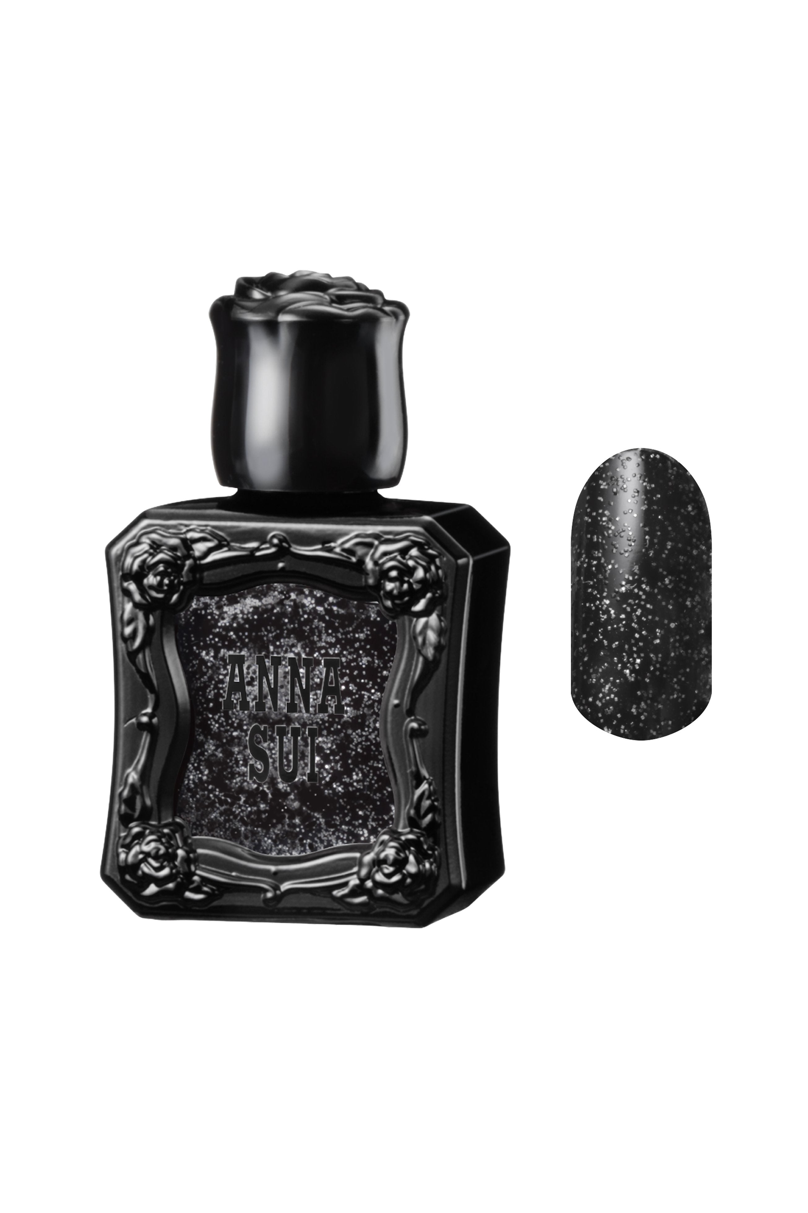 SILVER LAME MONOCHROME Nail Polish bottles, with raised rose pattern, Anna Sui in black over nail colors in bottle front