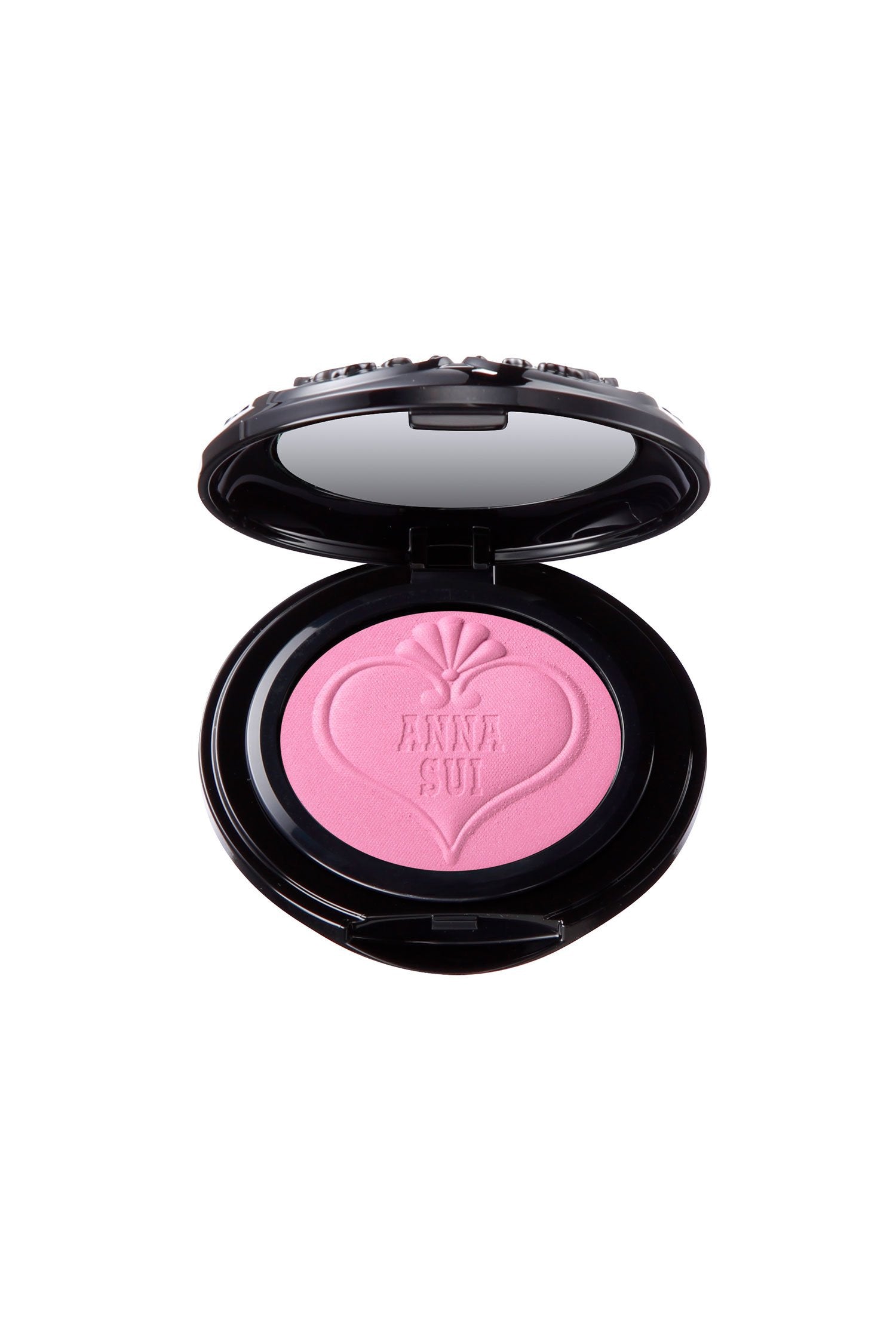 The gorgeous 301 - Rich Coral in is rounded black container with a mirror in the top lid.