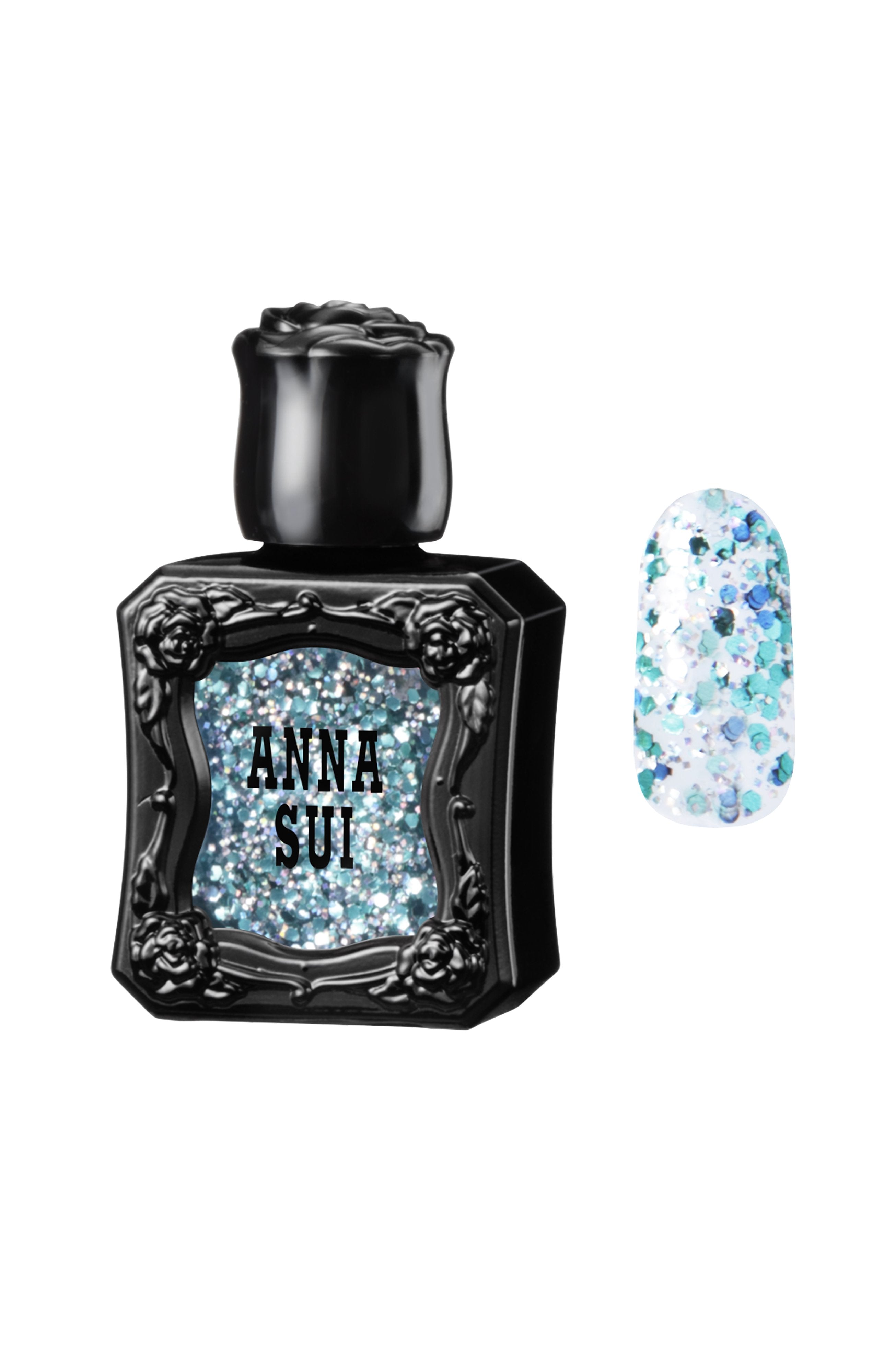 Inspired by the fragrance bottle, black container with raised rose pattern, Anna Sui on  GREEN AND BLUE LAME