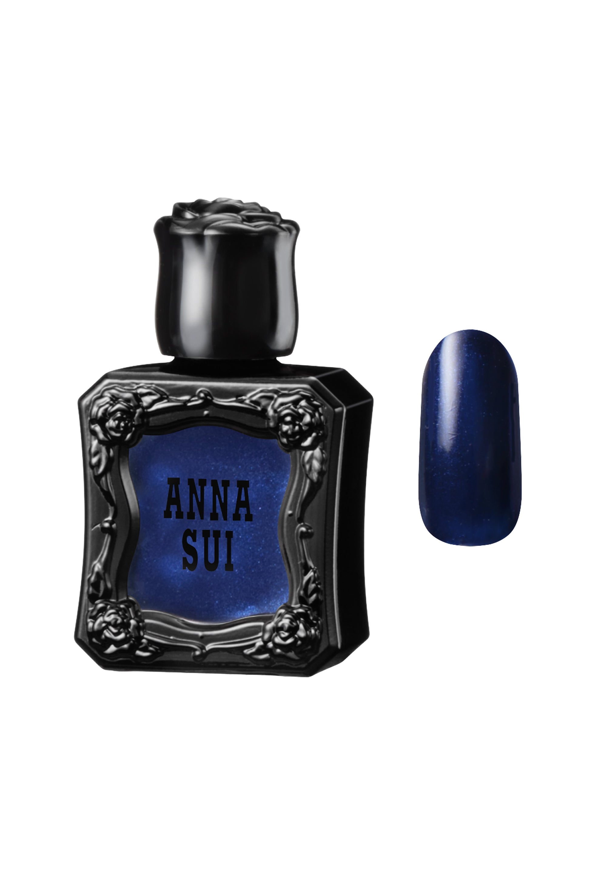 SHEER NAVY Nail Polish bottles raised rose pattern, Anna Sui in black over nail colors in bottle front