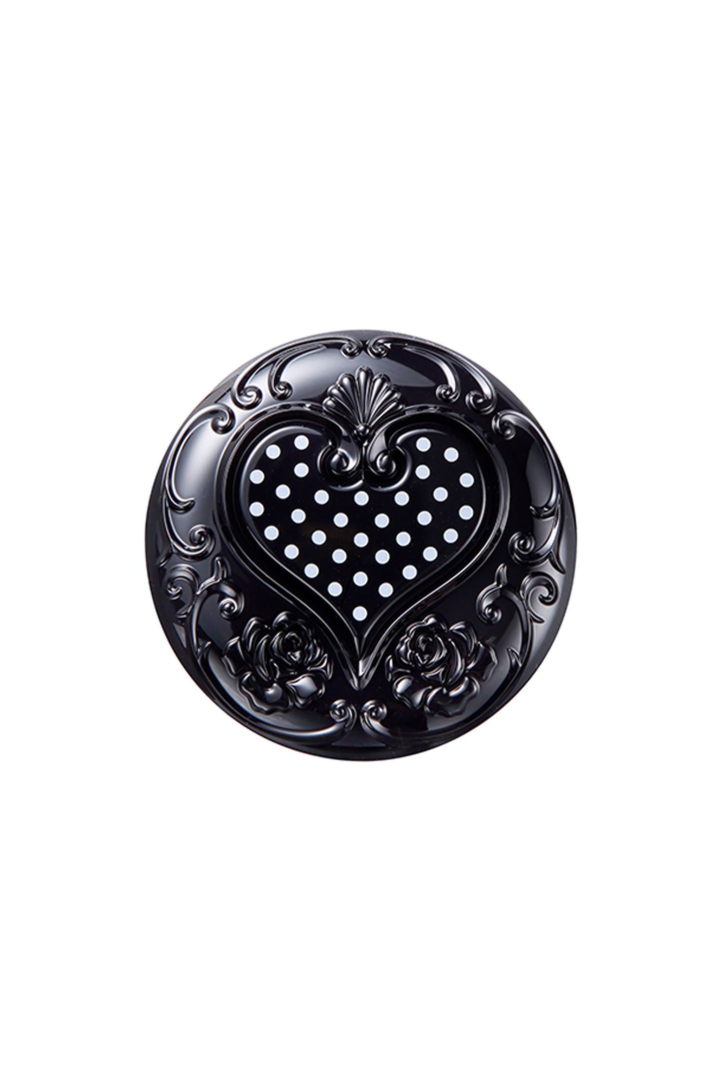Black round top lid of the container, engraved roses design, and a heart with white dots inside. 