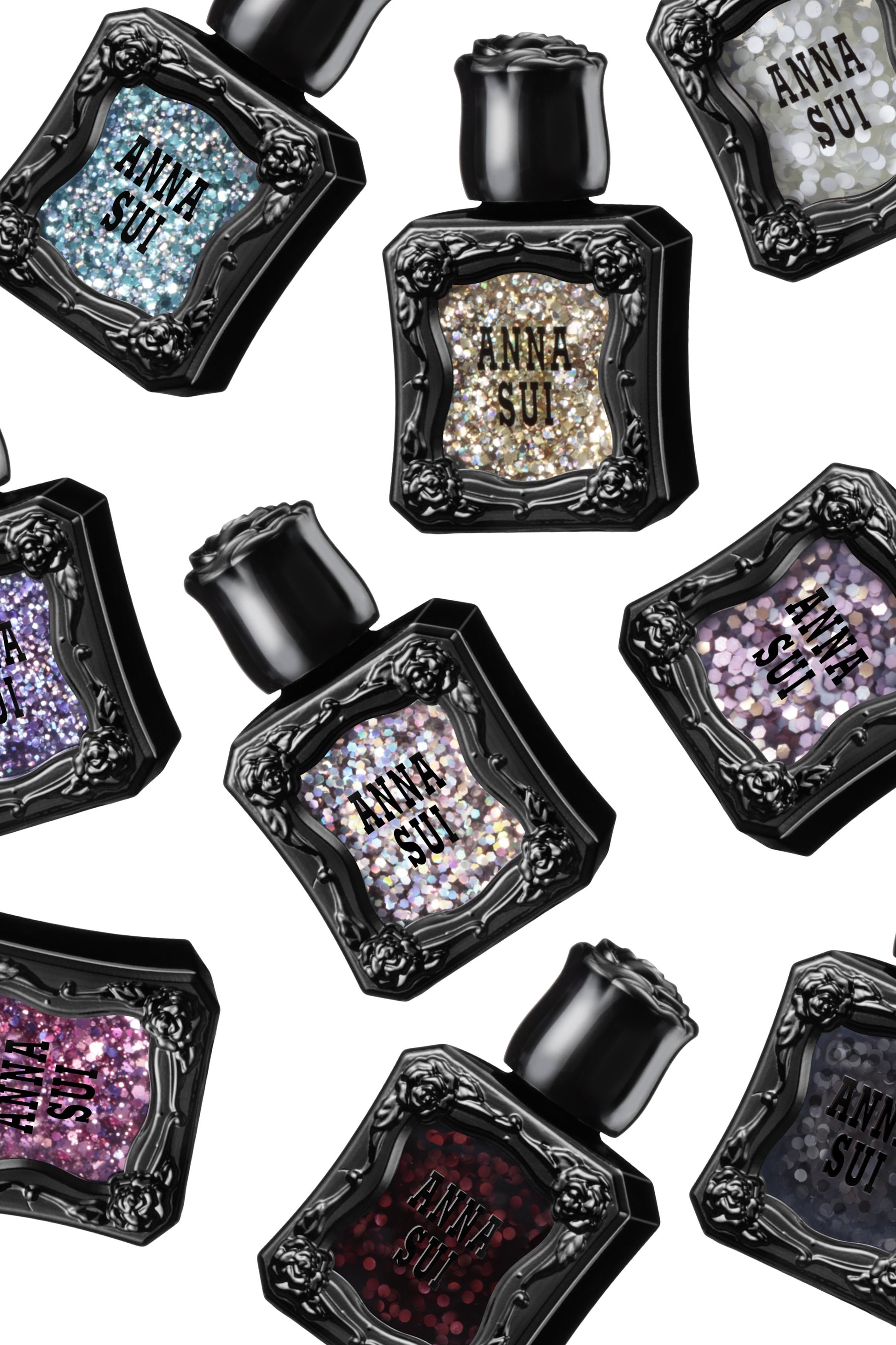 Inspired by the fragrance 9-bottles, black container with raised rose pattern, Anna Sui on dark color.