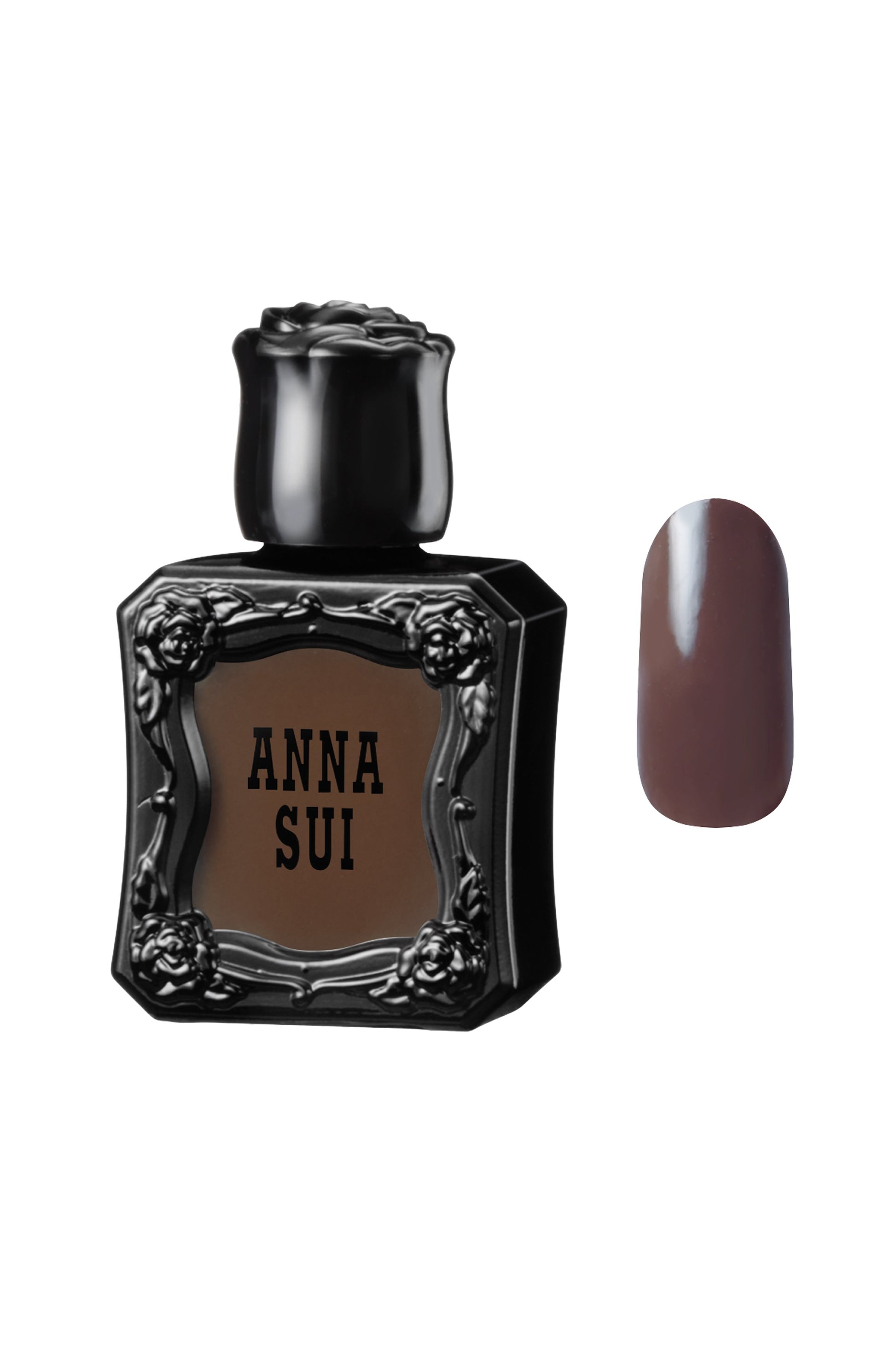 BITTERSWEET CHOCOLATE Nail bottle raised rose pattern, black Anna Sui over nail colors in front