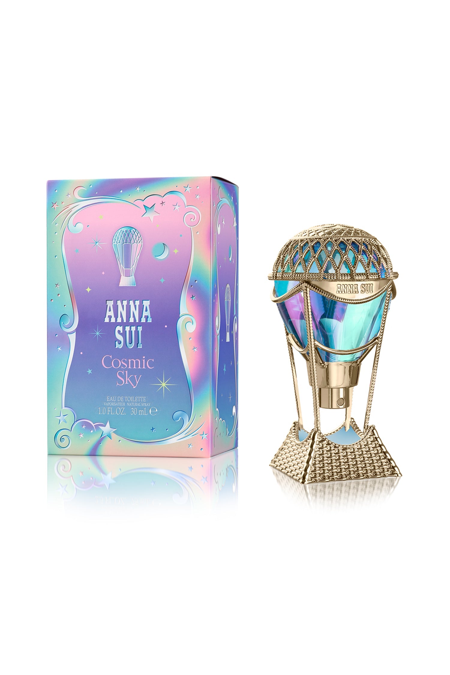 Boxing same as balloon color, Anna Sui logo is in the middle name of the perfume is at the bottom