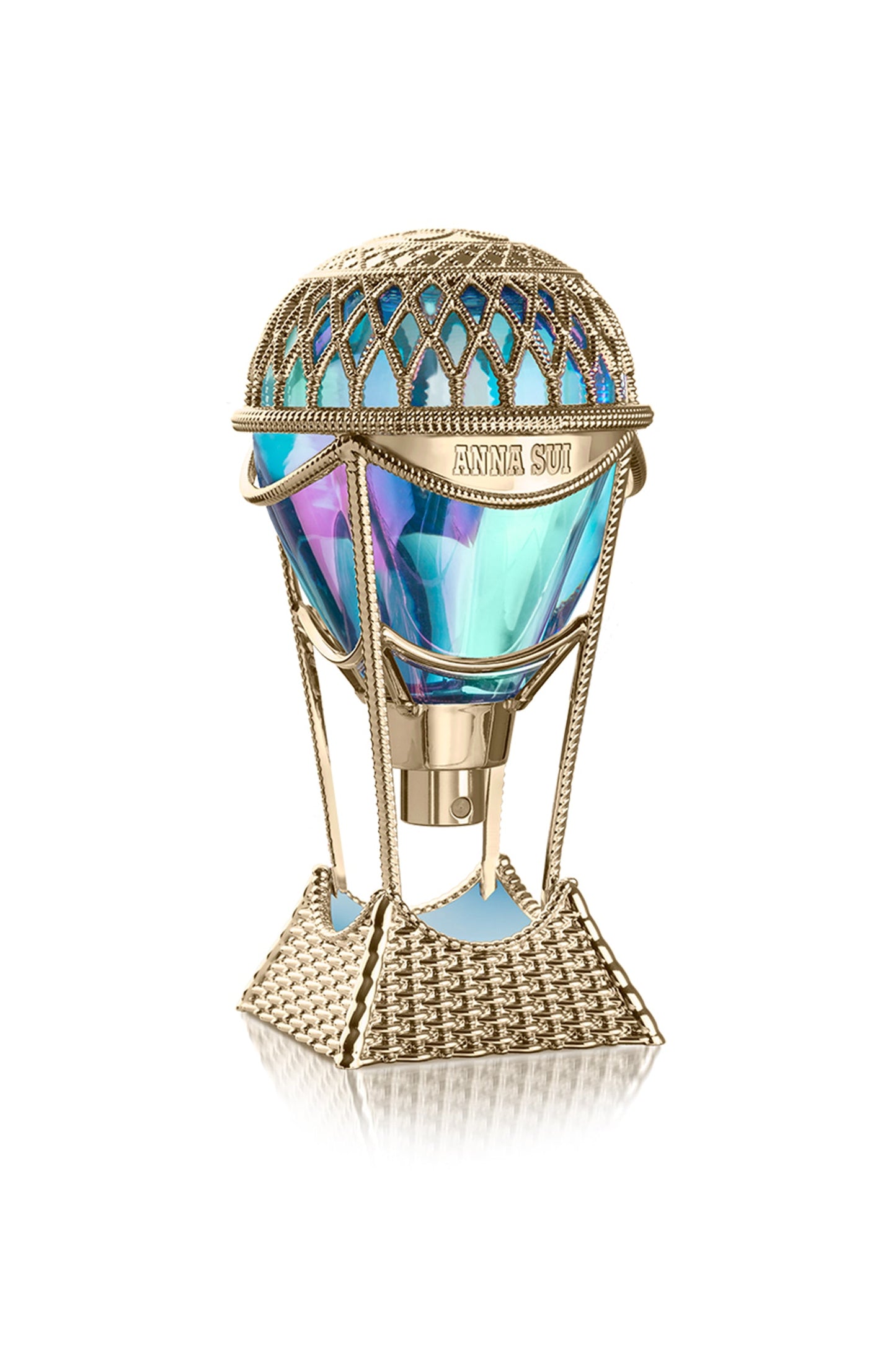 In a hot air balloon shape, neon blue with pink, ropes and basket are golden. Anna Sui Logo on top