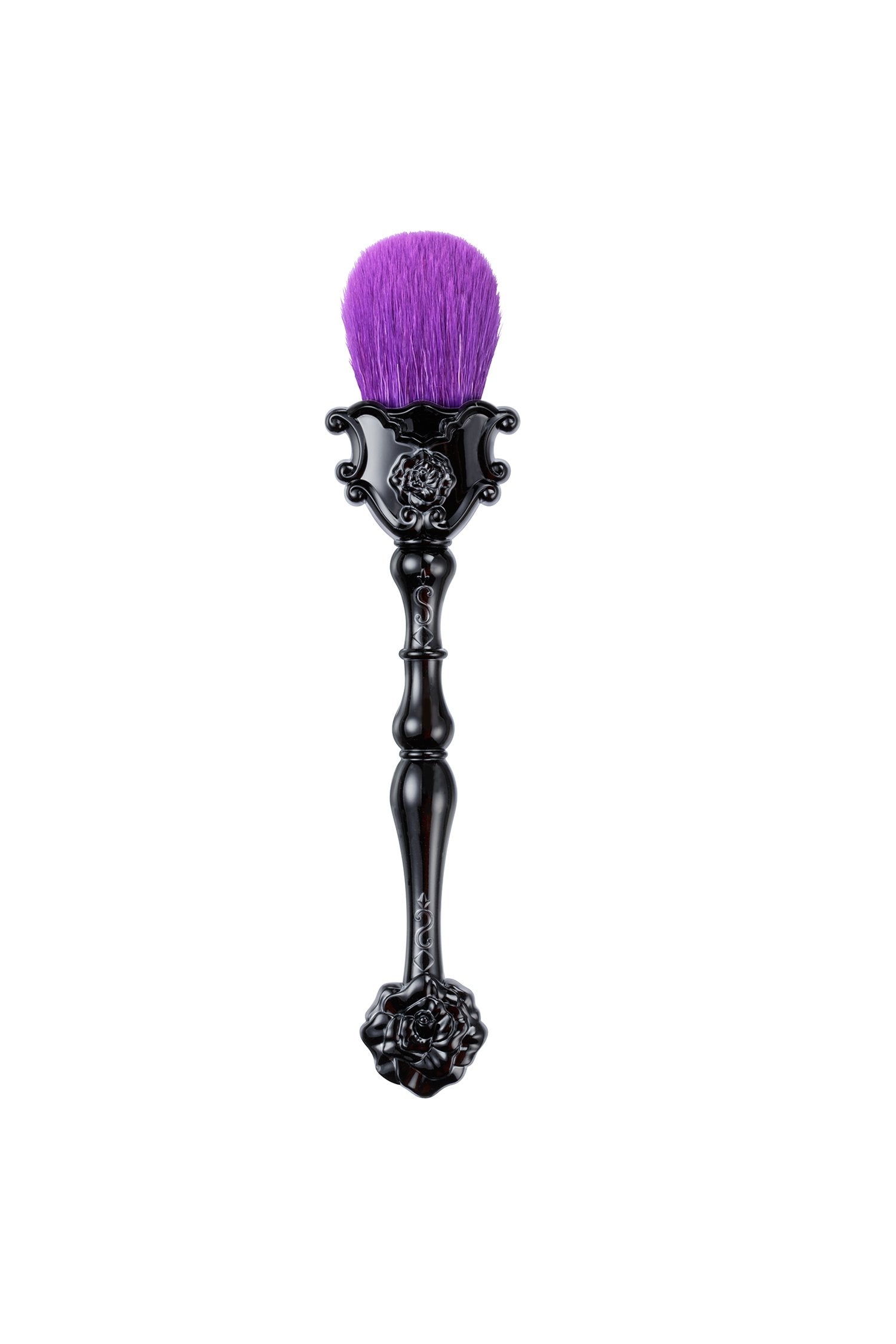 Vanity Face Brush, un pennello viola su un elegante supporto alto con un disegno floreale in rilievo
