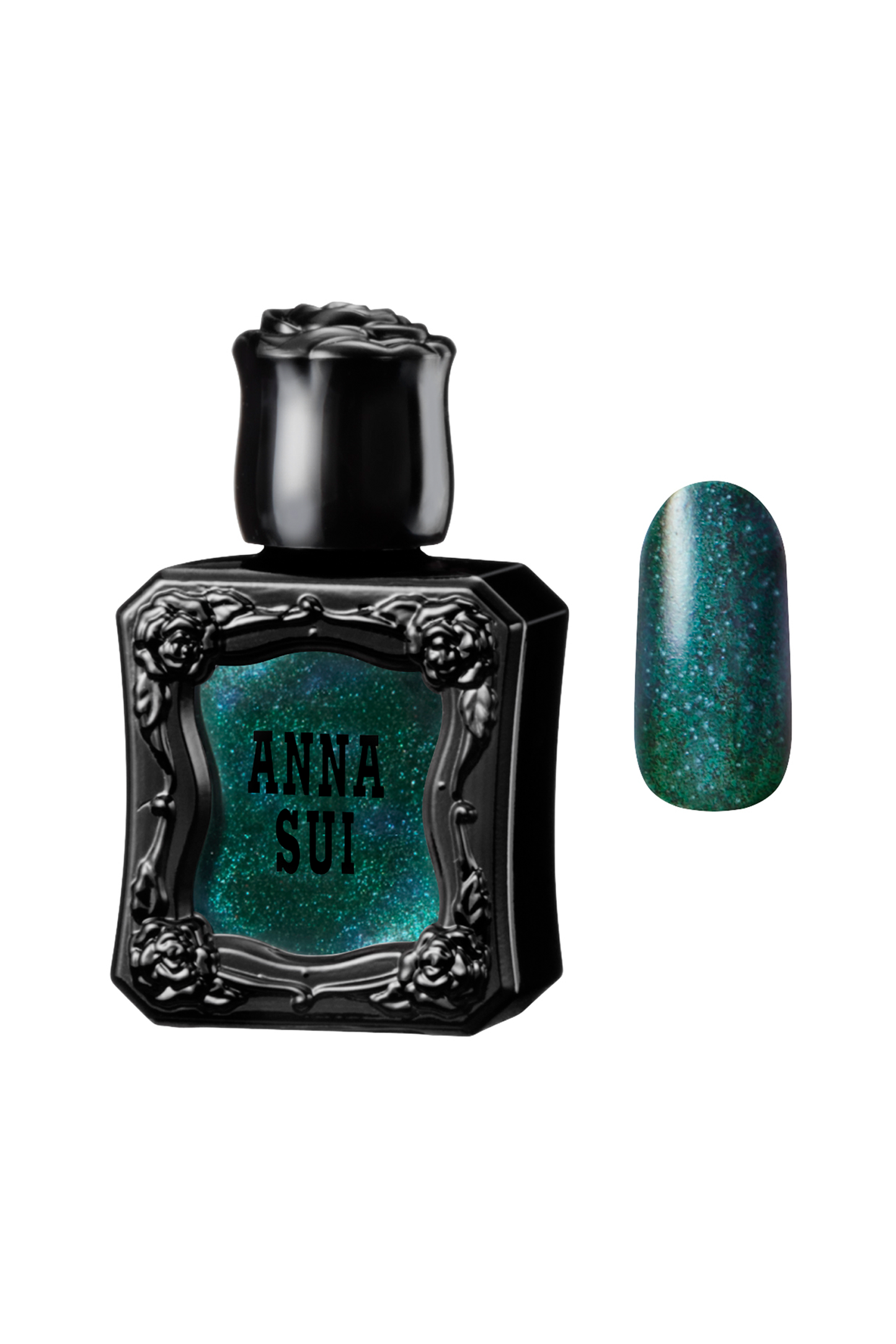 EMERALD Nail Polish bottle raised rose pattern, Anna Sui in black over nail colors in bottle front