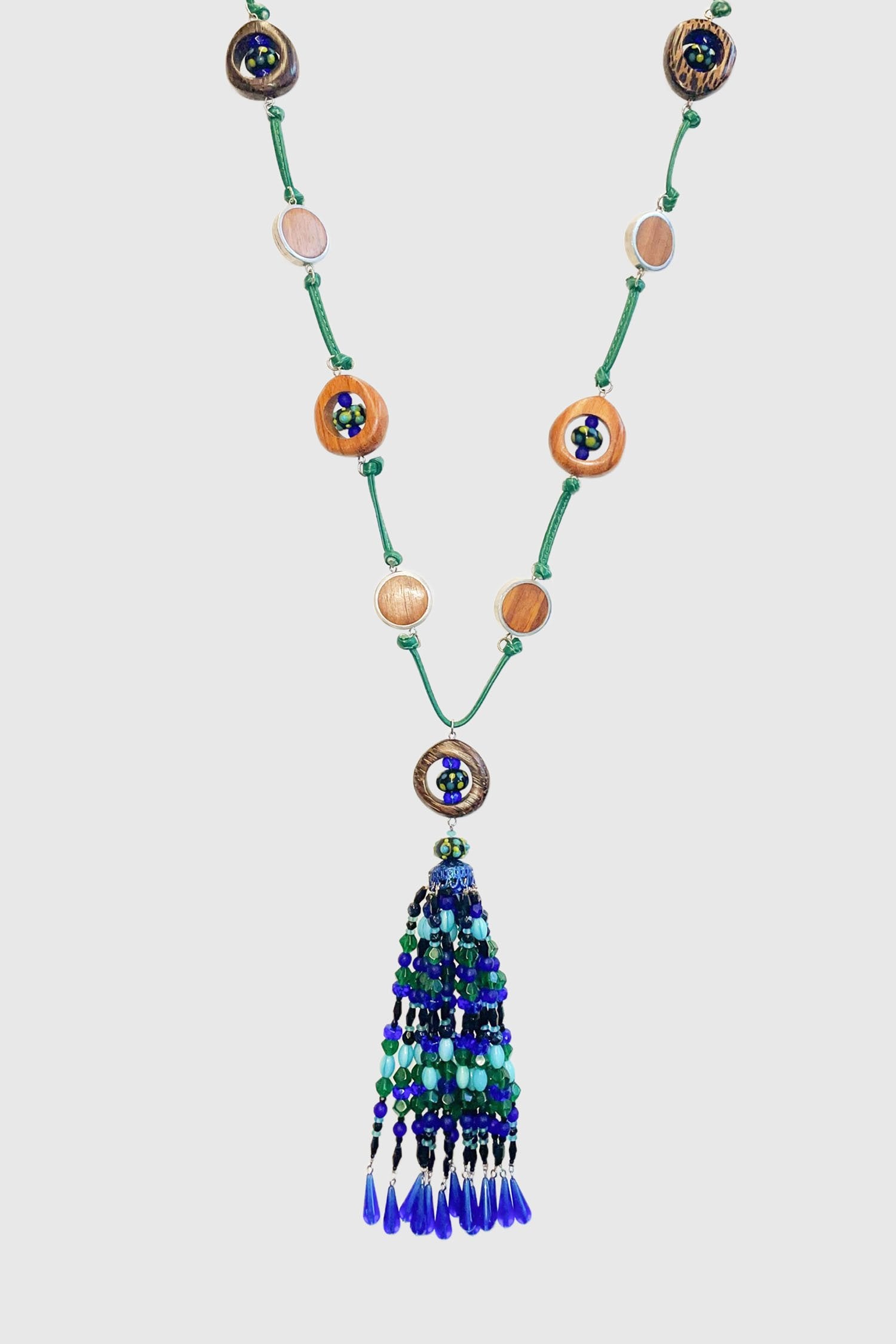 15 Tassel Necklace, colored beads, pendant 8.5-inch, Blue-tone, Clasp, Material: green/beige Wood