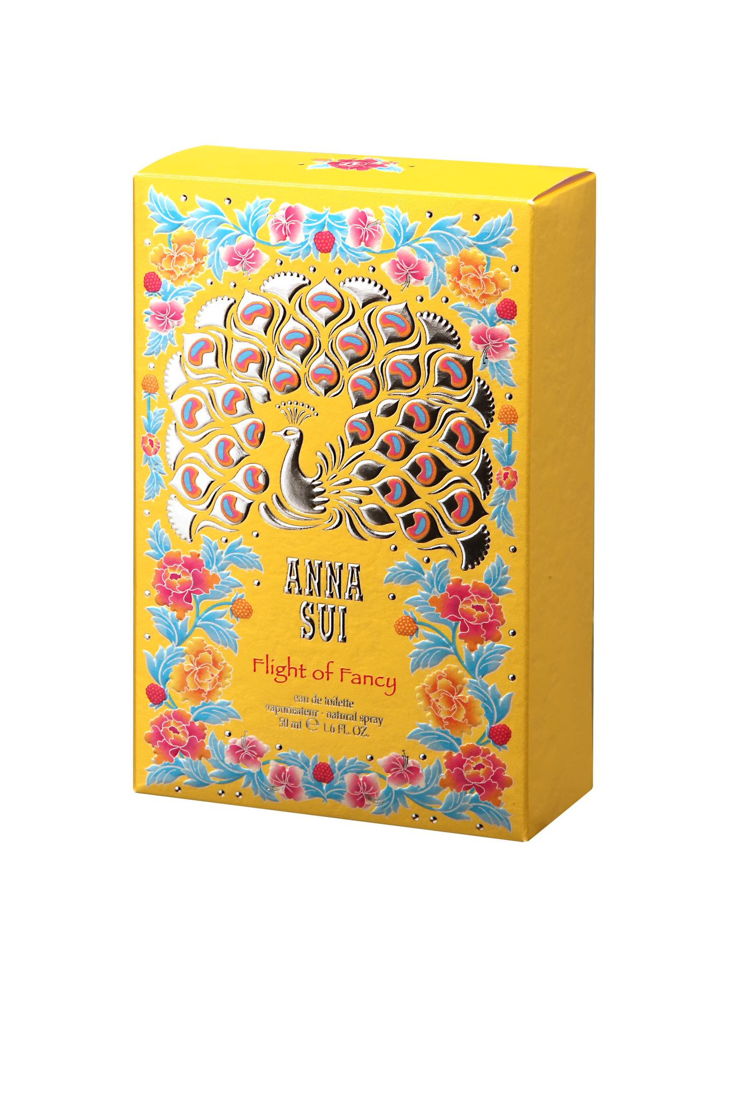 Gelbe Schachtel mit Pfauenmotiv und Anna Sui-Logo, auf der der Name des Parfums steht