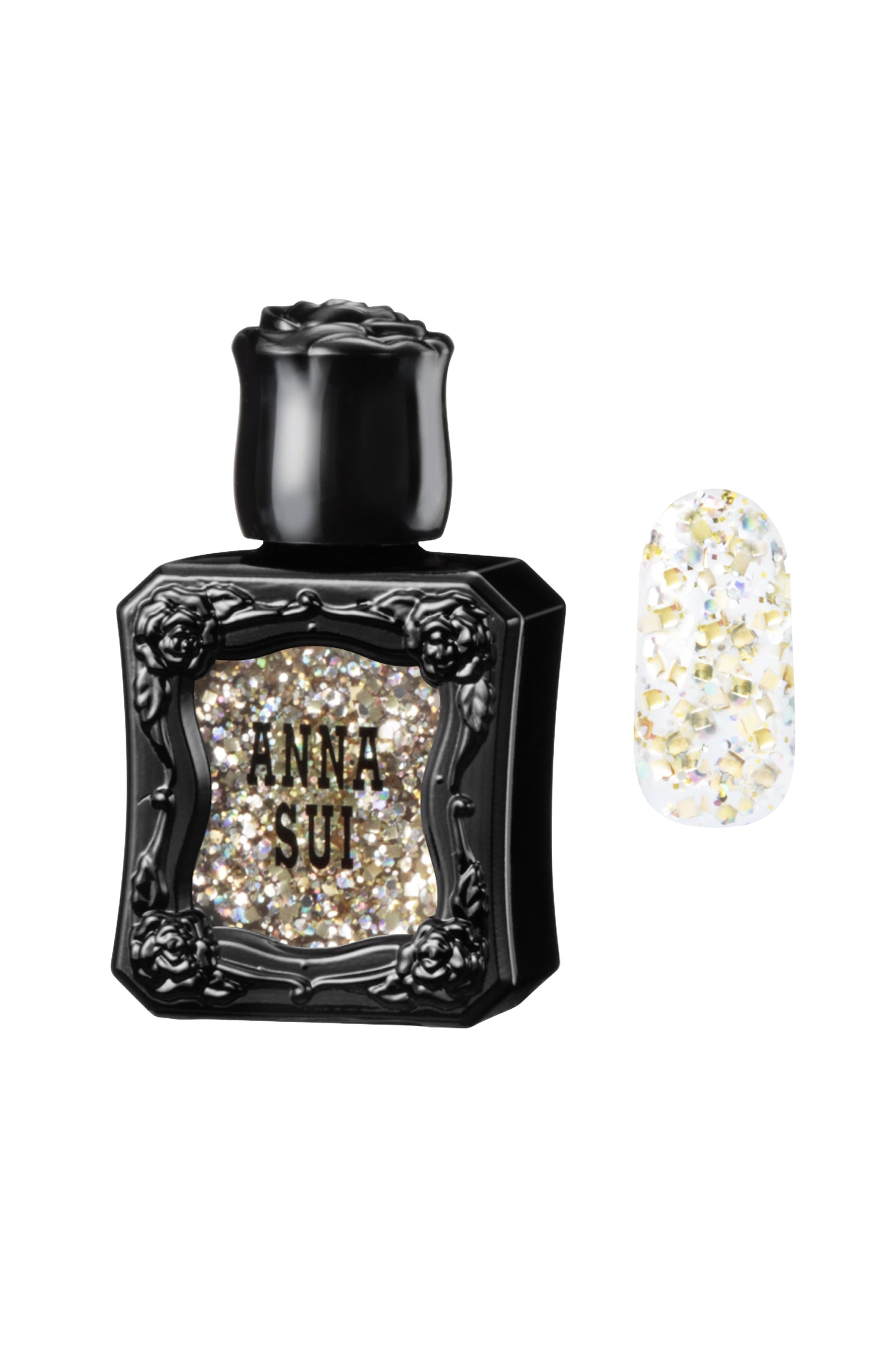Black container with raised rose pattern, Anna Sui on GOLD, AND SILVER LAME
